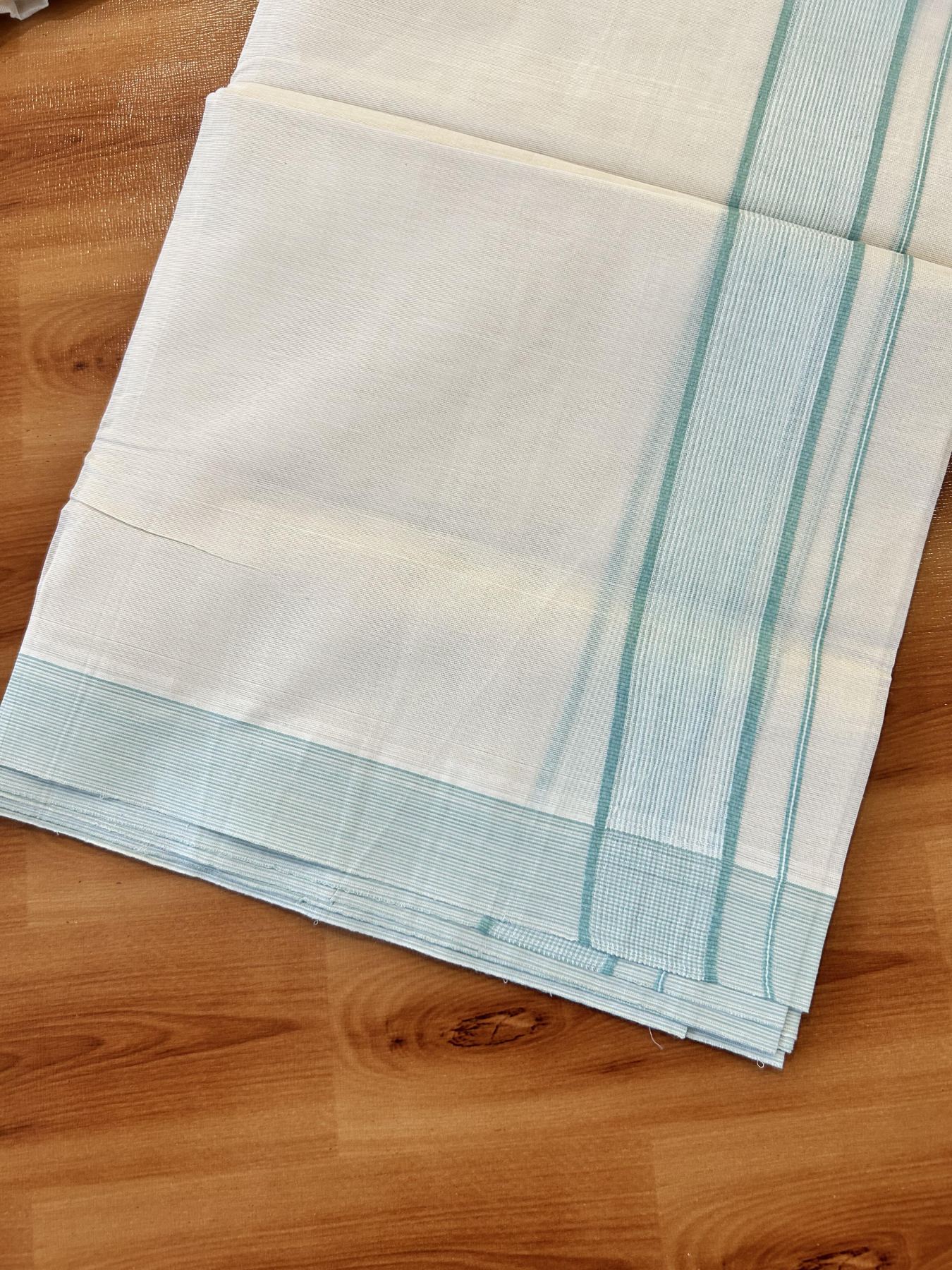 Double Off White (Unbleached) Mundu/Dhoti - 20% Discount! KaithariKada 100% Cotton - 100X80 - 1.75 inch Pestel Green Stripes Kara 4 mtr (8.5 Muzham) - 25 KK5451 THI