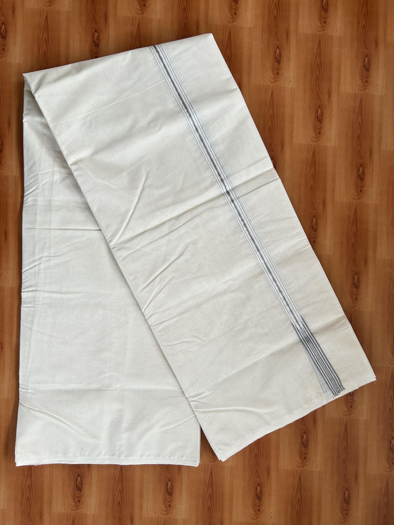 Double Off White (Unbleached) Mundu/Dhoti - 20% Discount !! KaithariKada Balaramapuram - 100% Cotton - 100X100 - 6 line 0.75 inch Silver Kasav & Ash Grey Stripes chutty  (4.50 meter / 9.64 muzham) - 27 KK5392 ASH