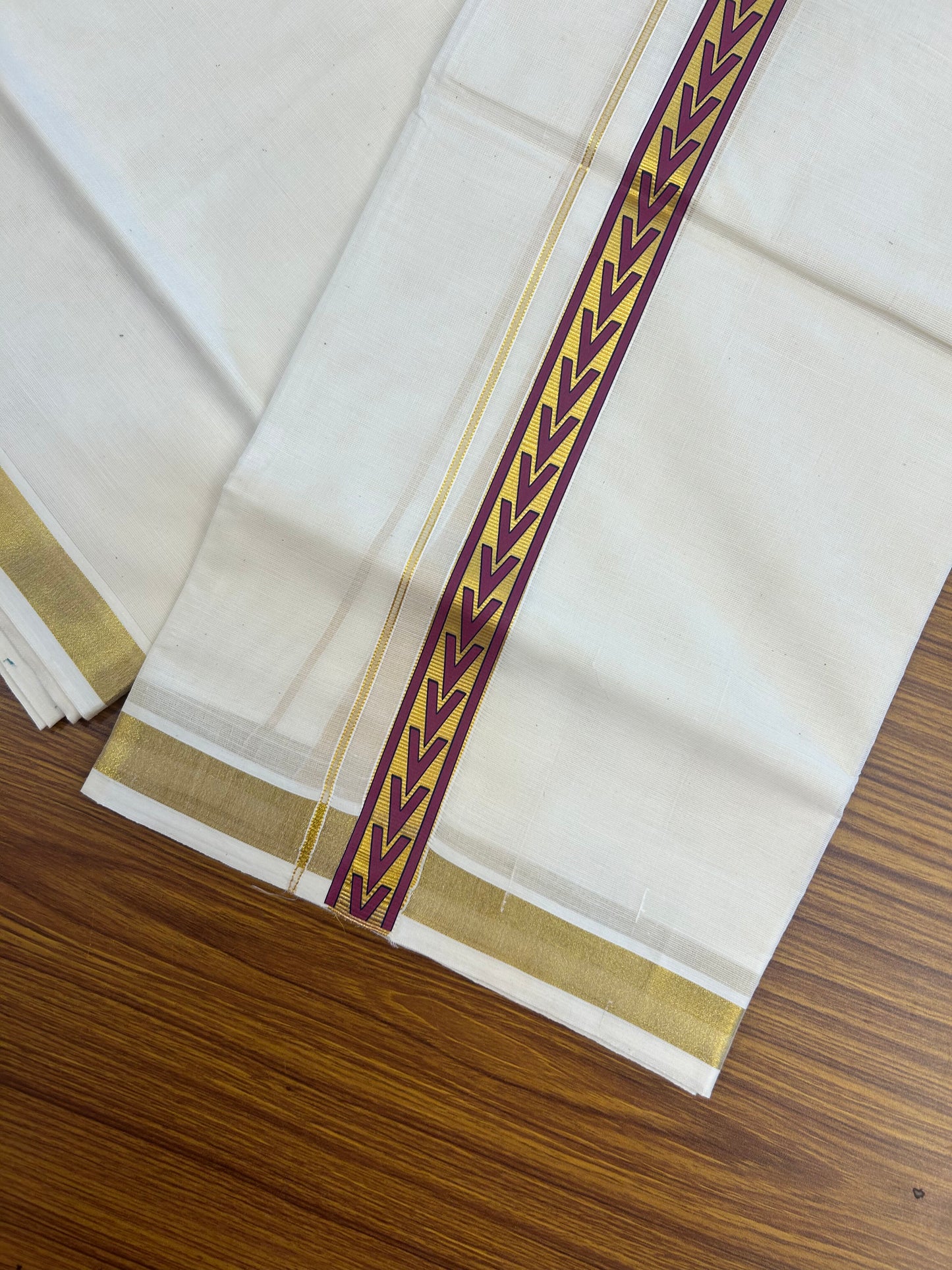 20% Discount!! KaithariKada Balaramapuram 100% Cotton Double Off White - (Unbleached) Mundu/Dhoti - 60x60 - 1 inch Gold Kasav with Purple & Navy Blue Arrow Printed Design Kara - 75 KK5362 GAN