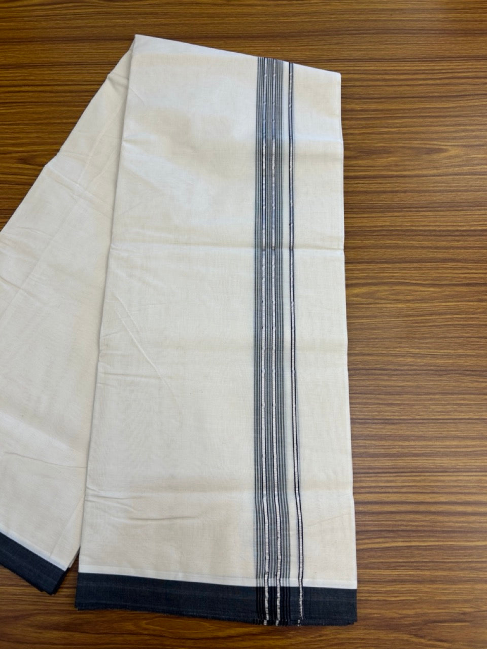 20% Discount KaithariKada Balaramapuram 100% Cotton Double Off white - (Unbleached) - Mundu/Dhoti - 100x100 - 1.25 inch Silver Kasav & Black Shaded Striped Kara - 8 KK5303 ASH