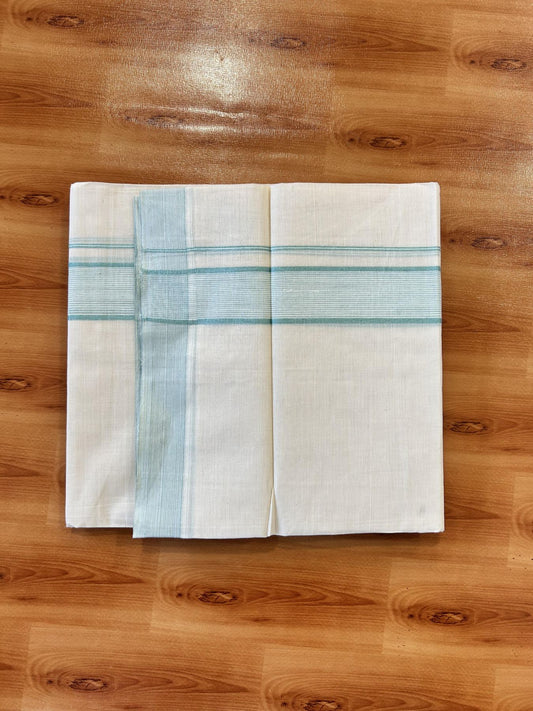 Double Off White (Unbleached) Mundu/Dhoti - 20% Discount! KaithariKada 100% Cotton - 100X80 - 1.75 inch Pestel Green Stripes Kara 4 mtr (8.5 Muzham) - 25 KK5451 THI