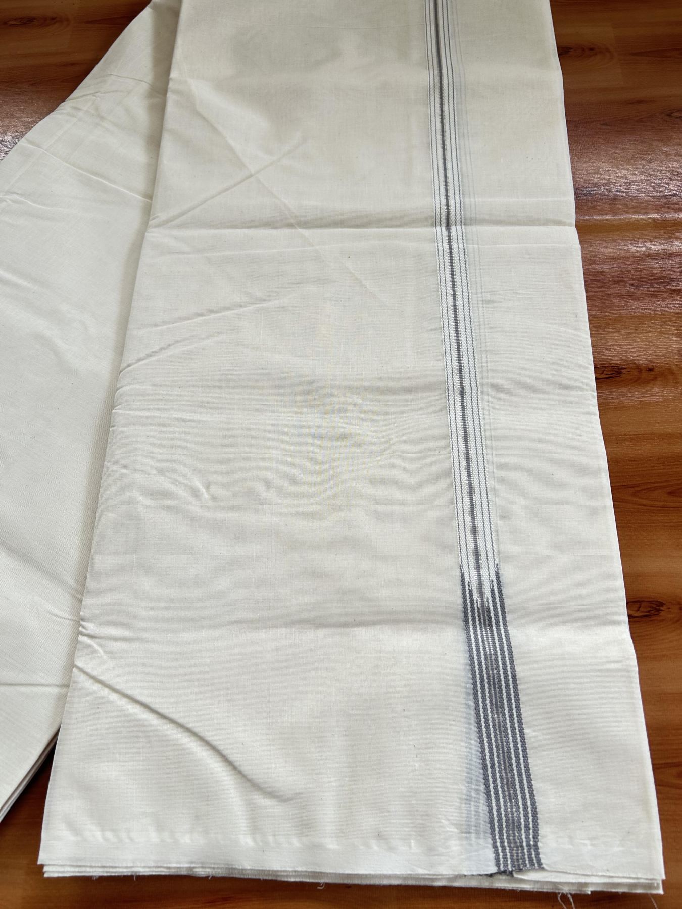 Double Off White (Unbleached) Mundu/Dhoti - 20% Discount !! KaithariKada Balaramapuram - 100% Cotton - 100X100 - 6 line 0.75 inch Silver Kasav & Ash Grey Stripes chutty  (4.50 meter / 9.64 muzham) - 27 KK5392 ASH