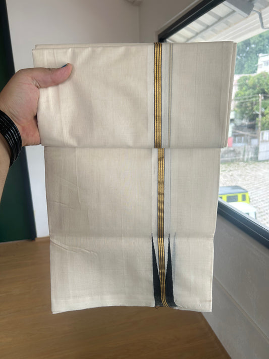 25% Discount ! KaithariKada Handloom Unakkupaav - Kerala Handloom - 100% Pure Cotton Off White (Unbleached) Double Mundu/Dhoti - 100x80 -1 inch Gold Kasav & Black Puliyilakkara Striped Chutty 4 mtr (8.5 Muzham) - 74 KK5380 SOM