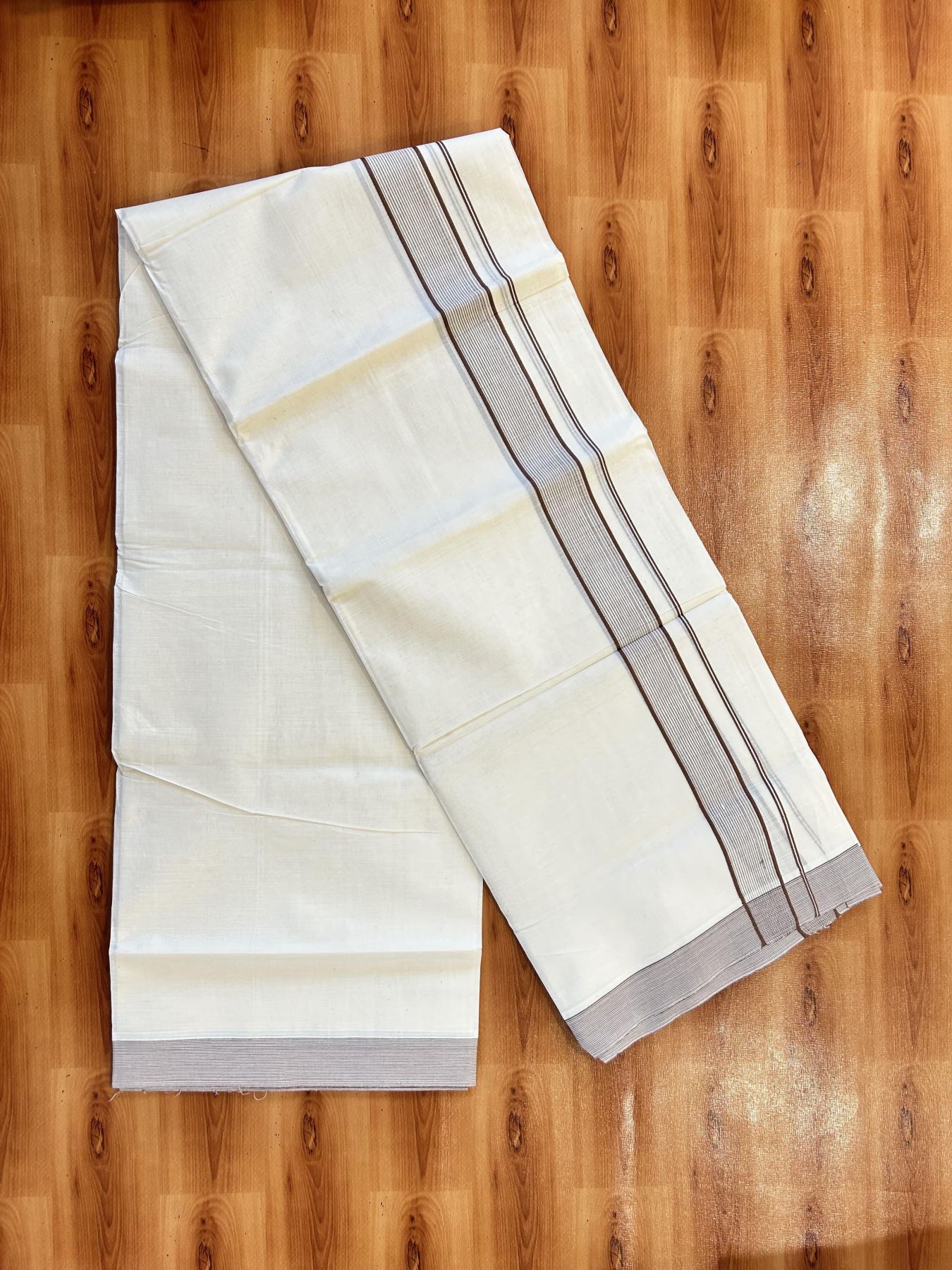 Double Off White (Unbleached) Mundu/Dhoti - 20% Discount! KaithariKada 100% Cotton - 100X80 - 1.5 inch Brown Stripes Kara 4 mtr (8.5 Muzham) - 23 KK5451 THI