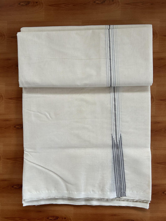 Double Off White (Unbleached) Mundu/Dhoti - 20% Discount !! KaithariKada Balaramapuram - 100% Cotton - 100X100 - 6 line 0.75 inch Silver Kasav & Ash Grey Stripes chutty  (4.50 meter / 9.64 muzham) - 27 KK5392 ASH