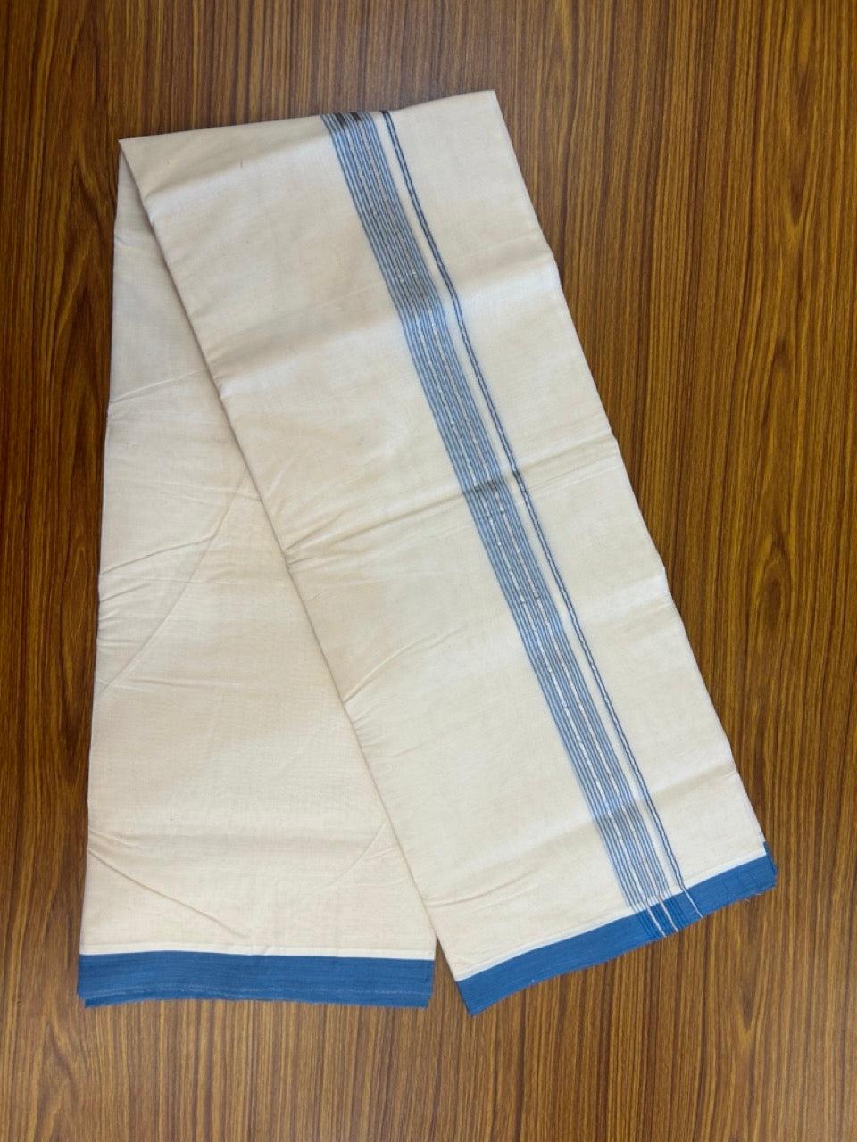 20% Discount KaithariKada Balaramapuram 100% Cotton Double Off white - (Unbleached) - Mundu/Dhoti - 100x100 - 1.25 inch Silver Kasav & Light Blue Shaded Striped Kara - 7 KK5303 ASH