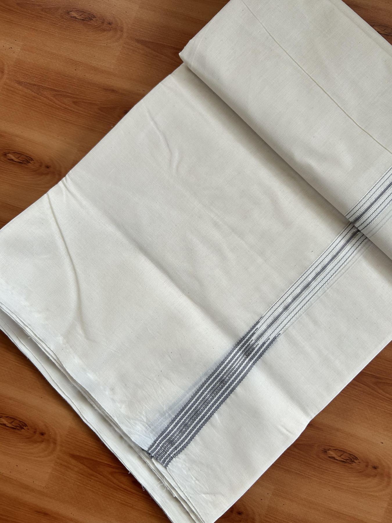 Double Off White (Unbleached) Mundu/Dhoti - 20% Discount !! KaithariKada Balaramapuram - 100% Cotton - 100X100 - 6 line 0.75 inch Silver Kasav & Ash Grey Stripes chutty  (4.50 meter / 9.64 muzham) - 27 KK5392 ASH