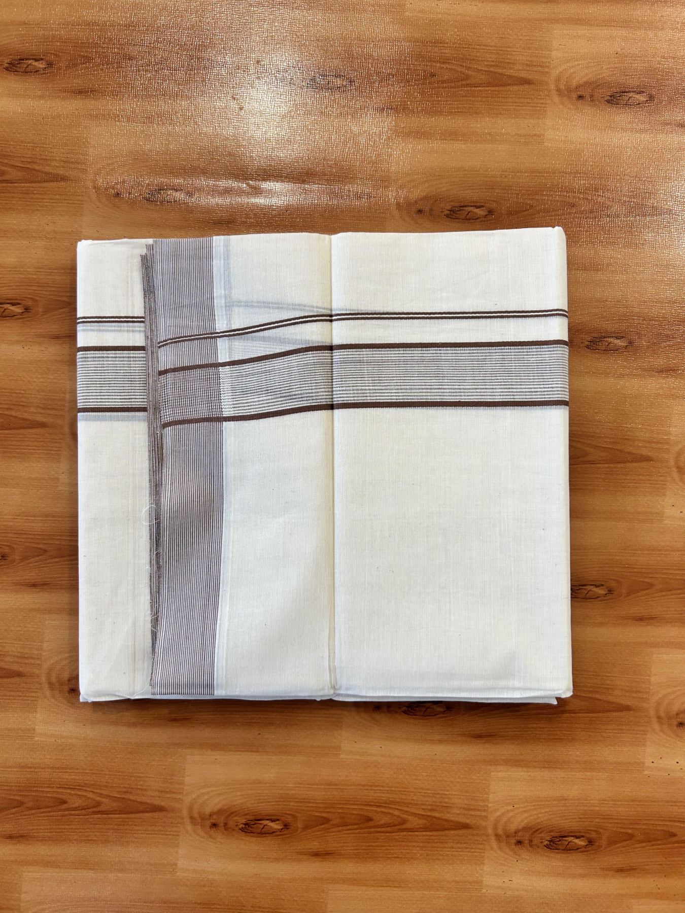 Double Off White (Unbleached) Mundu/Dhoti - 20% Discount! KaithariKada 100% Cotton - 100X80 - 1.5 inch Brown Stripes Kara 4 mtr (8.5 Muzham) - 23 KK5451 THI