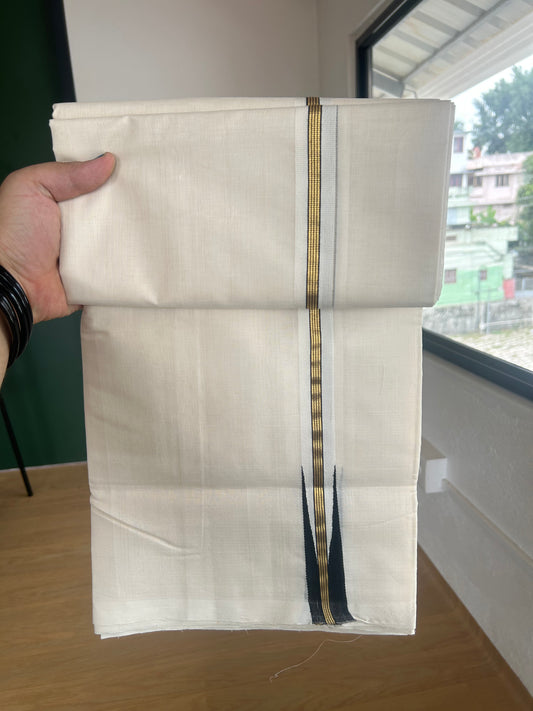 25% Discount ! KaithariKada Handloom Unakkupaav - Kerala Handloom - 100% Pure Cotton Off White (Unbleached) Double Mundu/Dhoti - 100x80 -1 inch Gold Kasav & Black Puliyilakkara Striped Chutty 4 mtr (8.5 Muzham) - 75 KK5380 SOM