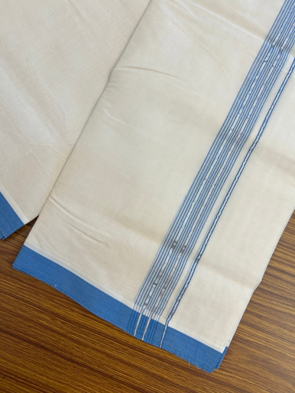 20% Discount KaithariKada Balaramapuram 100% Cotton Double Off white - (Unbleached) - Mundu/Dhoti - 100x100 - 1.25 inch Silver Kasav & Light Blue Shaded Striped Kara - 7 KK5303 ASH