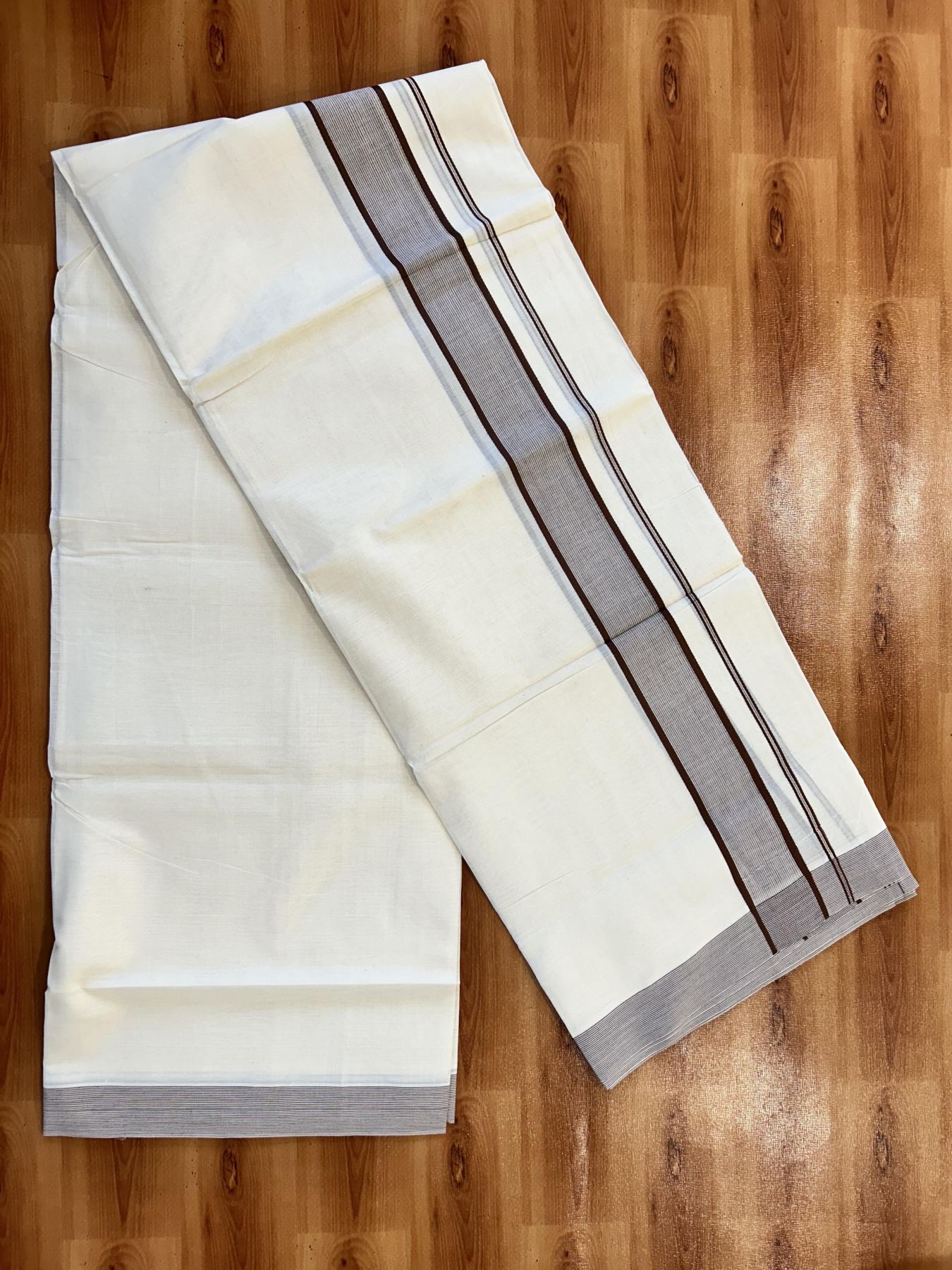 Double Off White (Unbleached) Mundu/Dhoti - 20% Discount! KaithariKada 100% Cotton - 100X80 - 1.75 inch Chocolate Brown Stripes Kara 4 mtr (8.5 Muzham) - 22 KK5451 THI