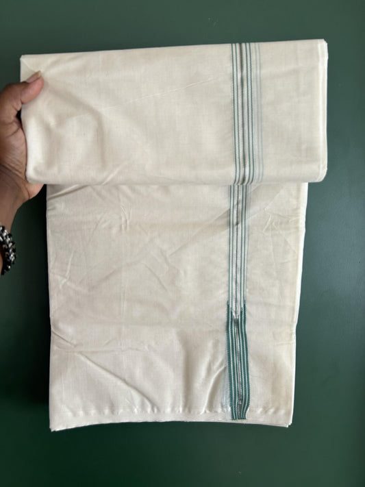 Double Off White (Unbleached) Mundu/Dhoti - 20% Discount !! KaithariKada Balaramapuram - 100% Cotton - 100X100 - 6 line 0.75 inch Silver Kasav & Persian Green Stripes chutty  (4.50 meter / 9.64 muzham) - 29 KK5392 ASH