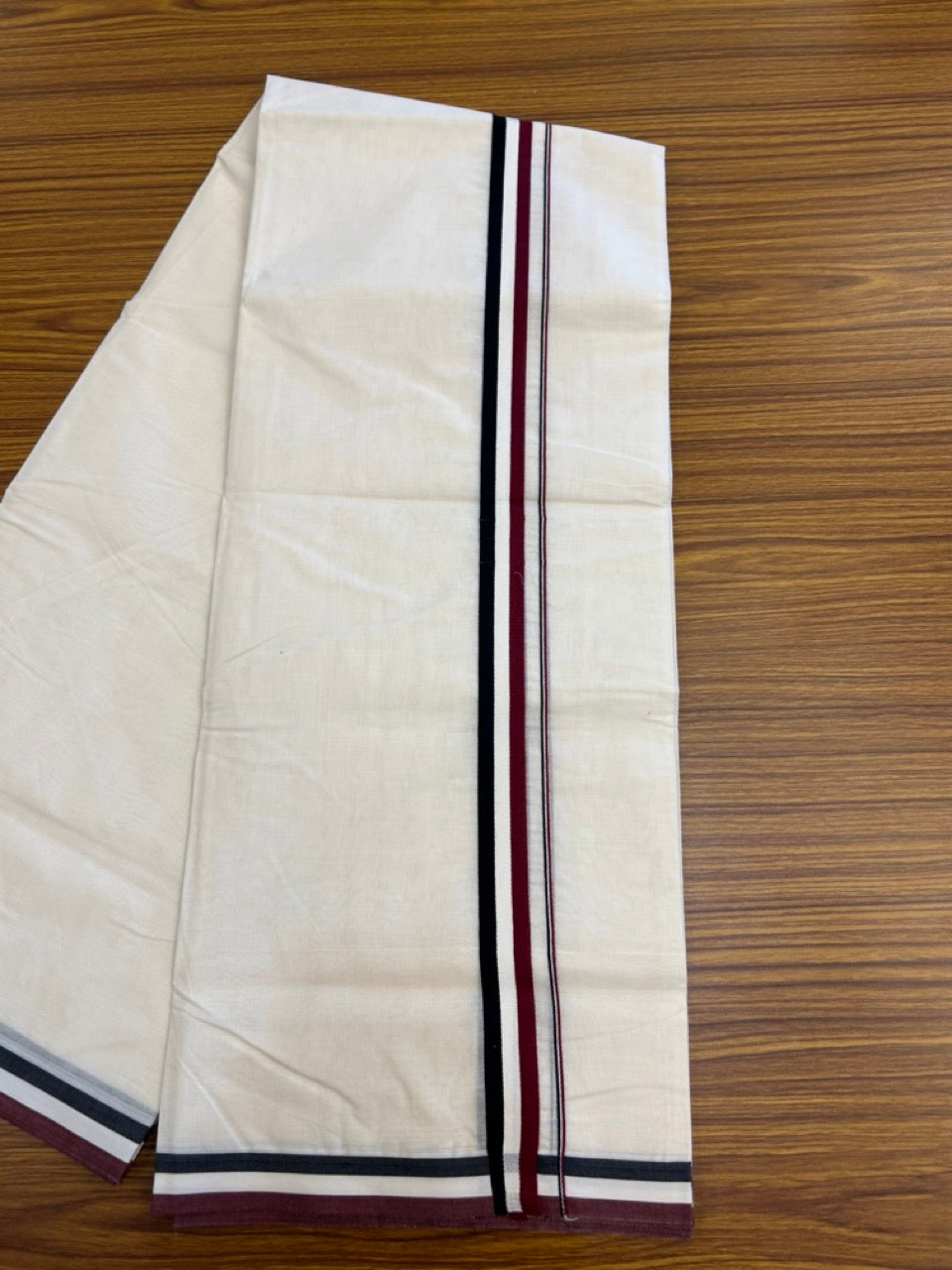 ADMK VESHTI - 20% DISCOUNT! KaithariKada 100% Cotton off white Double - (Unbleached) Mundu/Dhoti - 100X100 - 1 inch Black White & Maroon kara - 7 KK5303 ASH