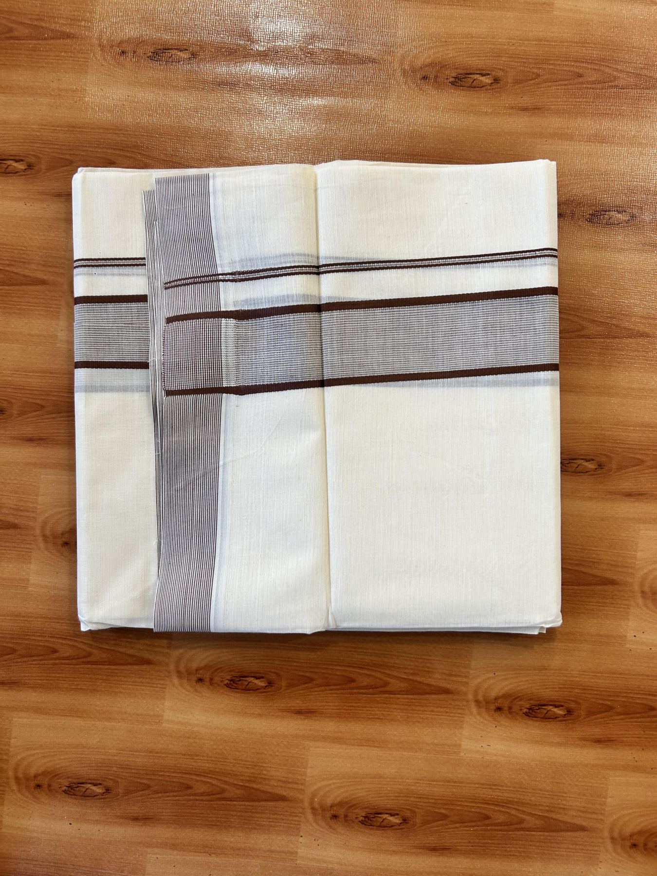 Double Off White (Unbleached) Mundu/Dhoti - 20% Discount! KaithariKada 100% Cotton - 100X80 - 1.75 inch Chocolate Brown Stripes Kara 4 mtr (8.5 Muzham) - 22 KK5451 THI