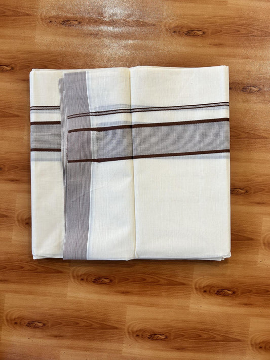 Double Off White (Unbleached) Mundu/Dhoti - 20% Discount! KaithariKada 100% Cotton - 100X80 - 1.75 inch Chocolate Brown Stripes Kara 4 mtr (8.5 Muzham) - 22 KK5451 THI