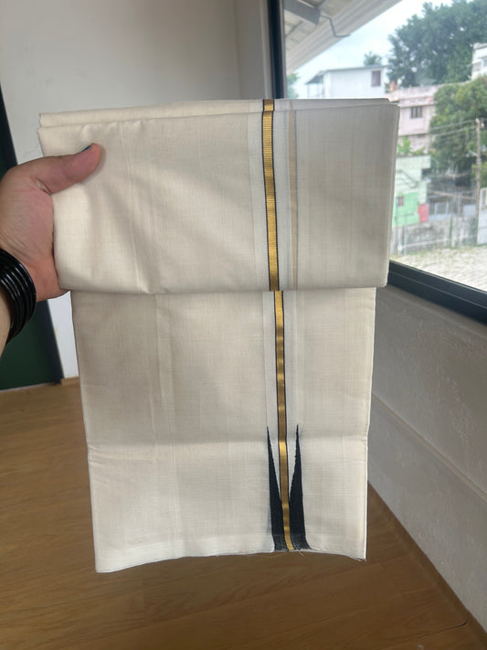 25% Discount ! KaithariKada Handloom Unakkupaav - Kerala Handloom - 100% Pure Cotton Off White (Unbleached) Double Mundu/Dhoti - 100x80 -1 inch Gold Kasav & Black Puliyilakkara Chutty 4 mtr (8.5 Muzham) - 72 KK5380 SOM