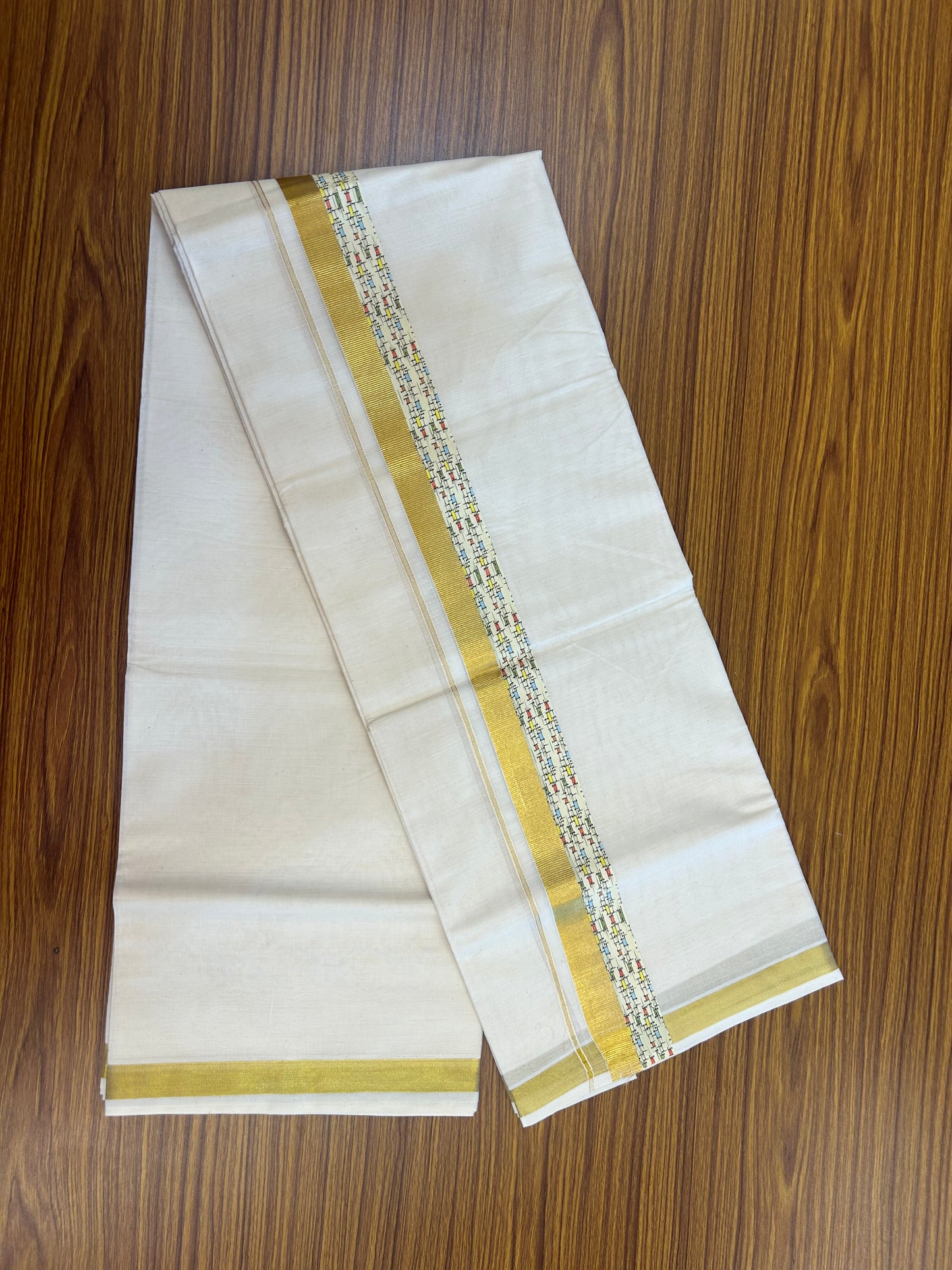 20% Discount!! KaithariKada Balaramapuram 100% Cotton Double Off White - (Unbleached) Mundu/Dhoti - 60s - 2 inch Gold Kasav & Printed Design Kara - 36 KK5362 GAN