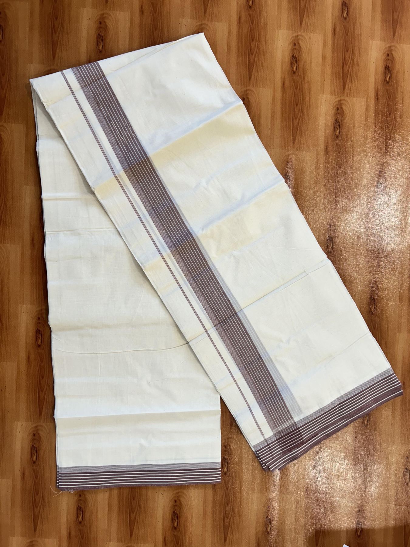 Double Off White (Unbleached) Mundu/Dhoti - 20% Discount! KaithariKada 100% Cotton - 100X80 - 1.5 inch Brown Stripes Kara 4 mtr (8.5 Muzham) - 26 KK5451 THI