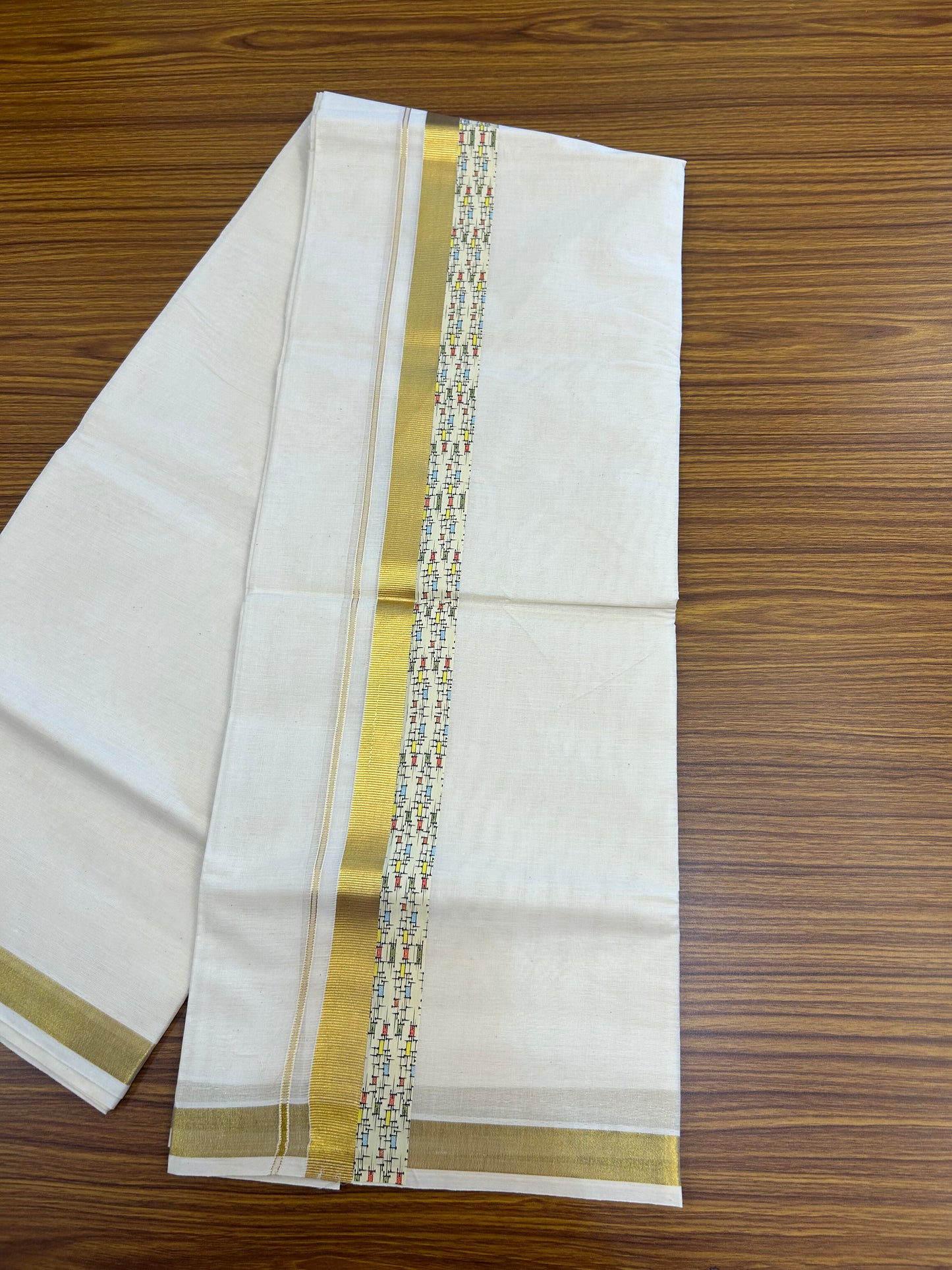 20% Discount!! KaithariKada Balaramapuram 100% Cotton Double Off White - (Unbleached) Mundu/Dhoti - 60s - 2 inch Gold Kasav & Printed Design Kara - 36 KK5362 GAN