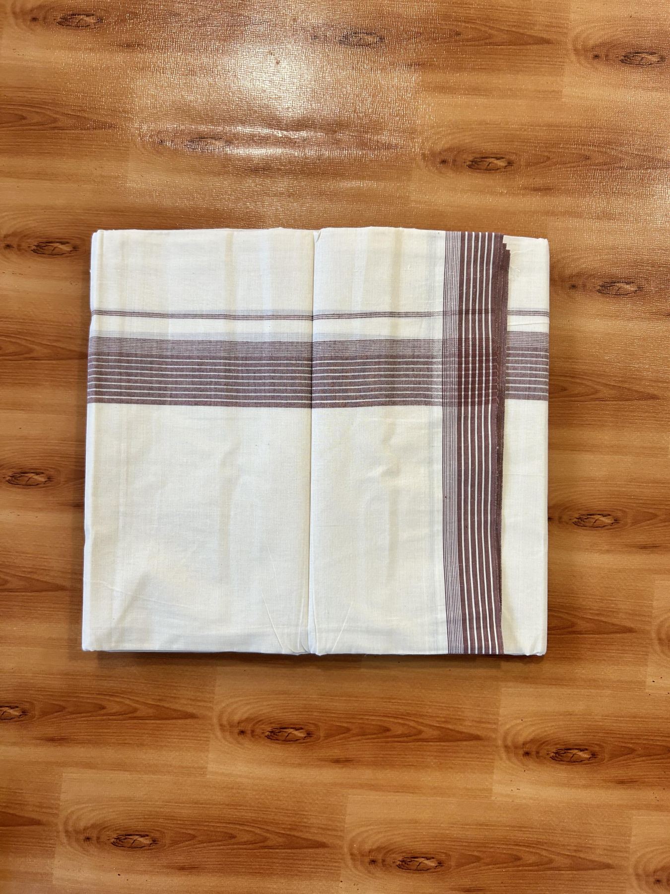 Double Off White (Unbleached) Mundu/Dhoti - 20% Discount! KaithariKada 100% Cotton - 100X80 - 1.5 inch Brown Stripes Kara 4 mtr (8.5 Muzham) - 26 KK5451 THI
