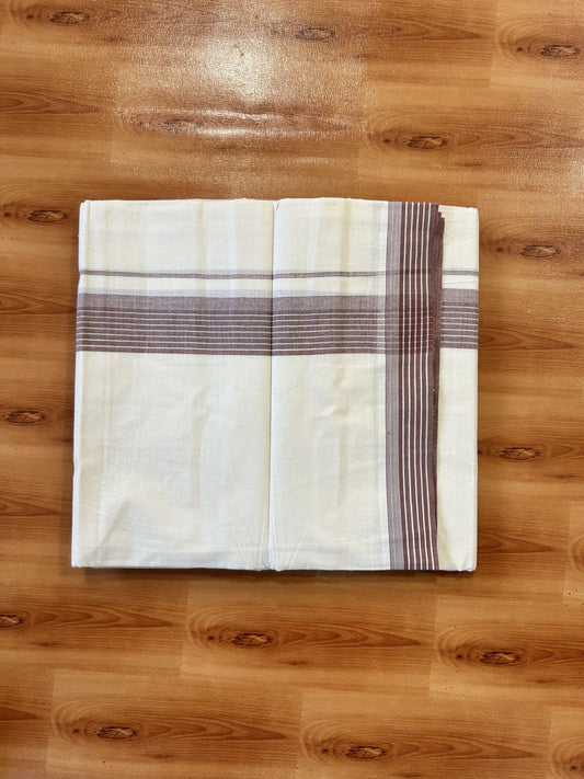 Double Off White (Unbleached) Mundu/Dhoti - 20% Discount! KaithariKada 100% Cotton - 100X80 - 1.5 inch Brown Stripes Kara 4 mtr (8.5 Muzham) - 26 KK5451 THI