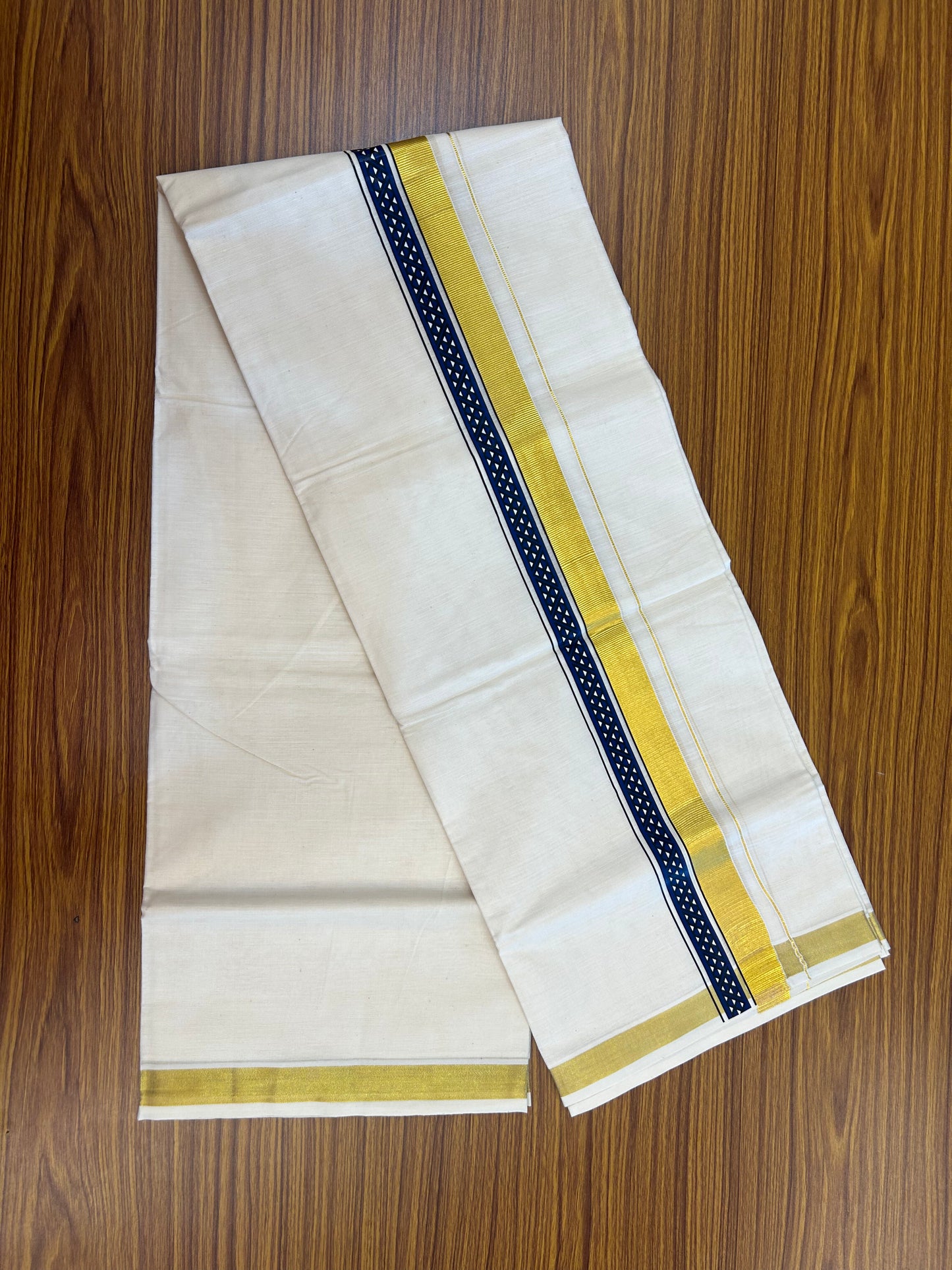 20% Discount!! KaithariKada Balaramapuram 100% Cotton Double Off White - (Unbleached) Mundu/Dhoti (60s) - 2 inch Gold Kasav Dark Blue & Black Triangle Printed Design Kara - 56 KK5362 GAN