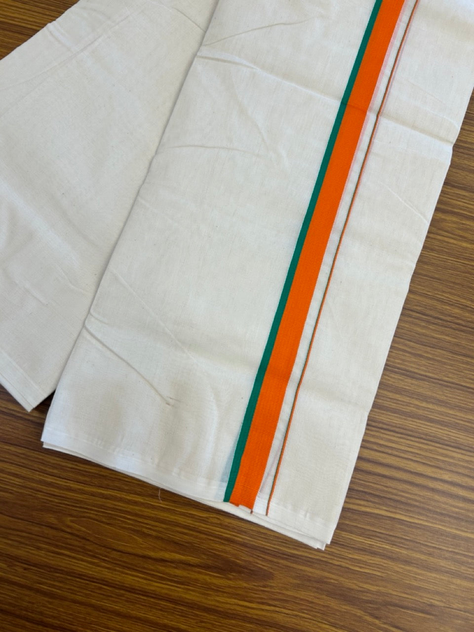 BJP VESHTI - 20% DISCOUNT! KaithariKada 100% Cotton off white Double - (Unbleached) Mundu/Dhoti - 100X80 - 1 inch Orange & Green Kara - 8 KK5303 ASH