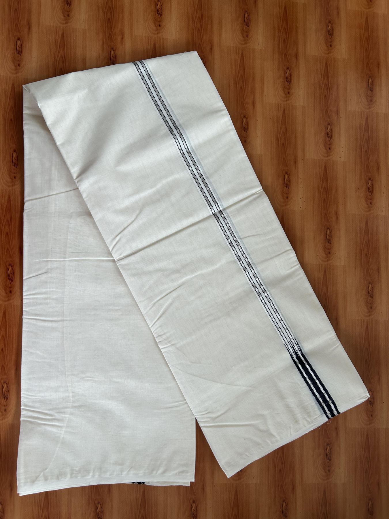 Double Off white Mundu/Dhoti - 20% Discount! KaithariKada Balaramapuram - 100% Cotton 100x100 - 0.75 inch Silver Kasav & Black Double Chutty Kara 4 mtr (8.5 muzham) - 15 KK5407 ASH