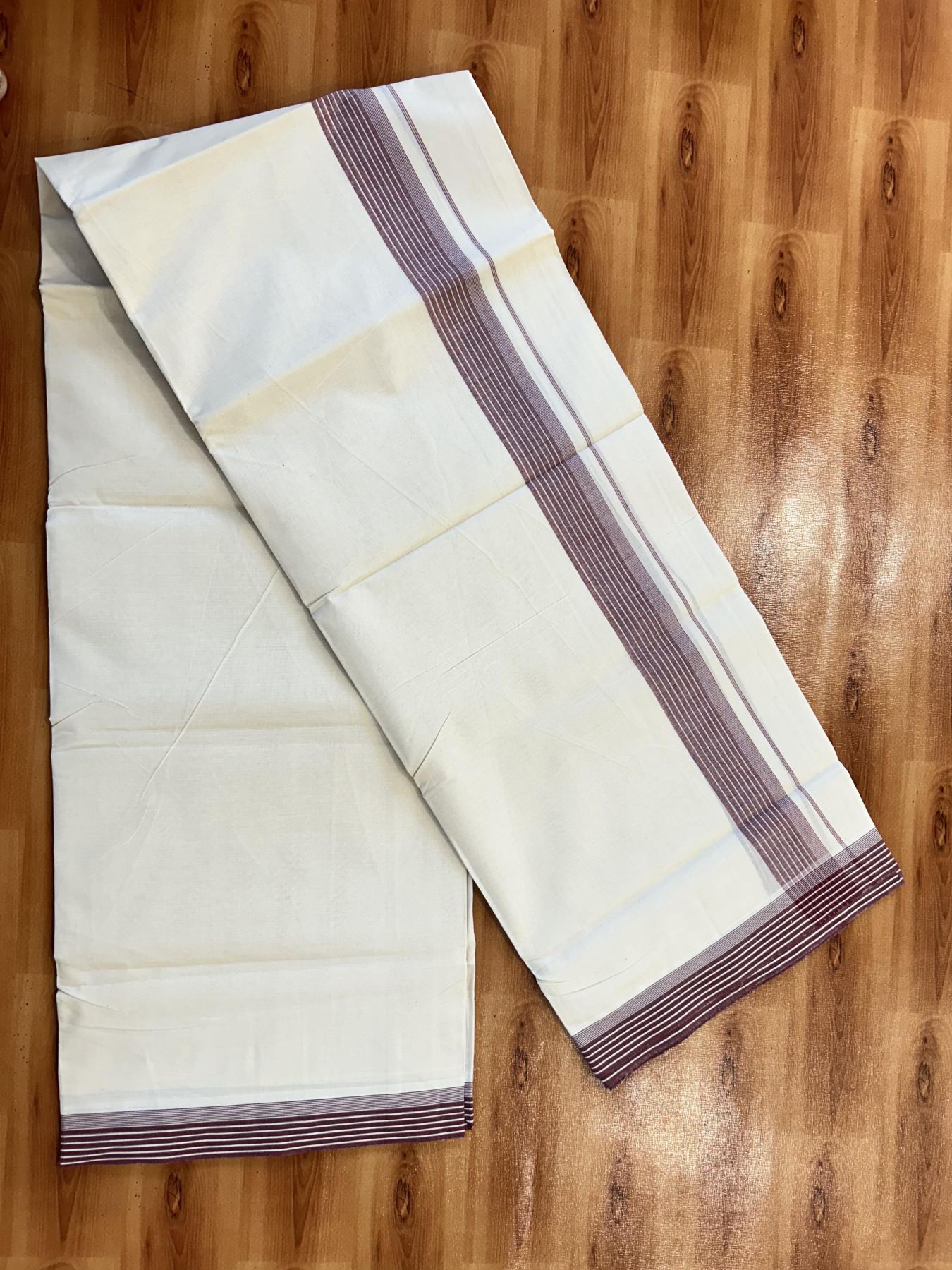 Double Off White (Unbleached) Mundu/Dhoti - 20% Discount! KaithariKada 100% Cotton - 100X80 - 1.5 inch Wine Red Stripes Kara 4 mtr (8.5 Muzham) - 28 KK5451 THI