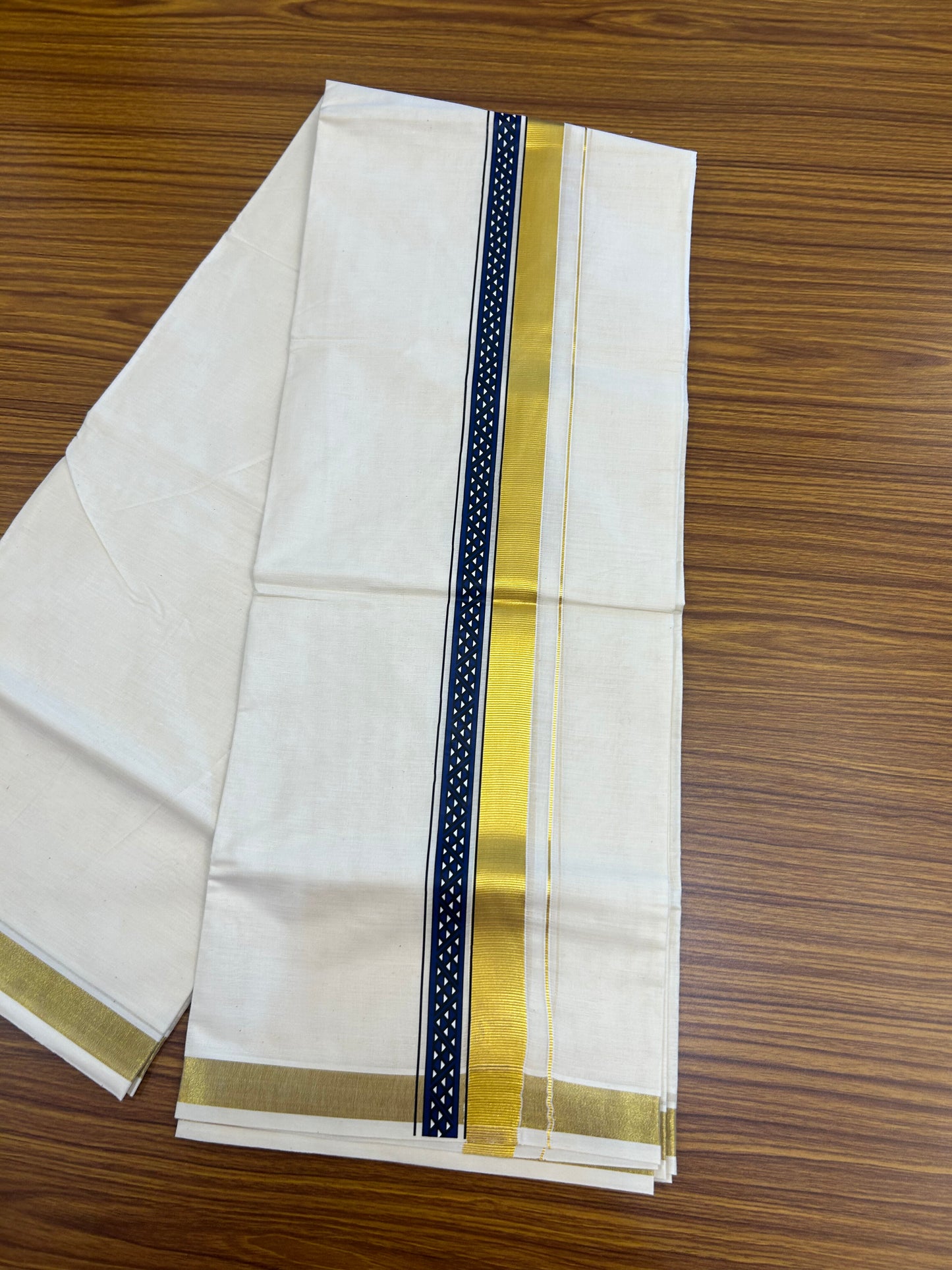 20% Discount!! KaithariKada Balaramapuram 100% Cotton Double Off White - (Unbleached) Mundu/Dhoti (60s) - 2 inch Gold Kasav Dark Blue & Black Triangle Printed Design Kara - 56 KK5362 GAN