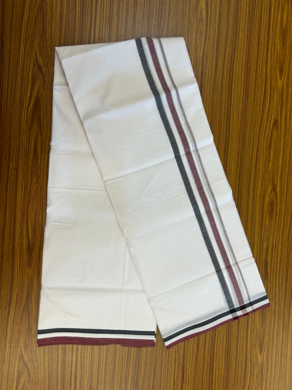 Admk Veshti - 20% Discount! KaithariKada 100% Cotton Pure white Double - (Unbleached) Mundu/Dhoti - 100X100 - 1.5 inch Black White & Maroon Shaded kara - 47 KK5297 ASH