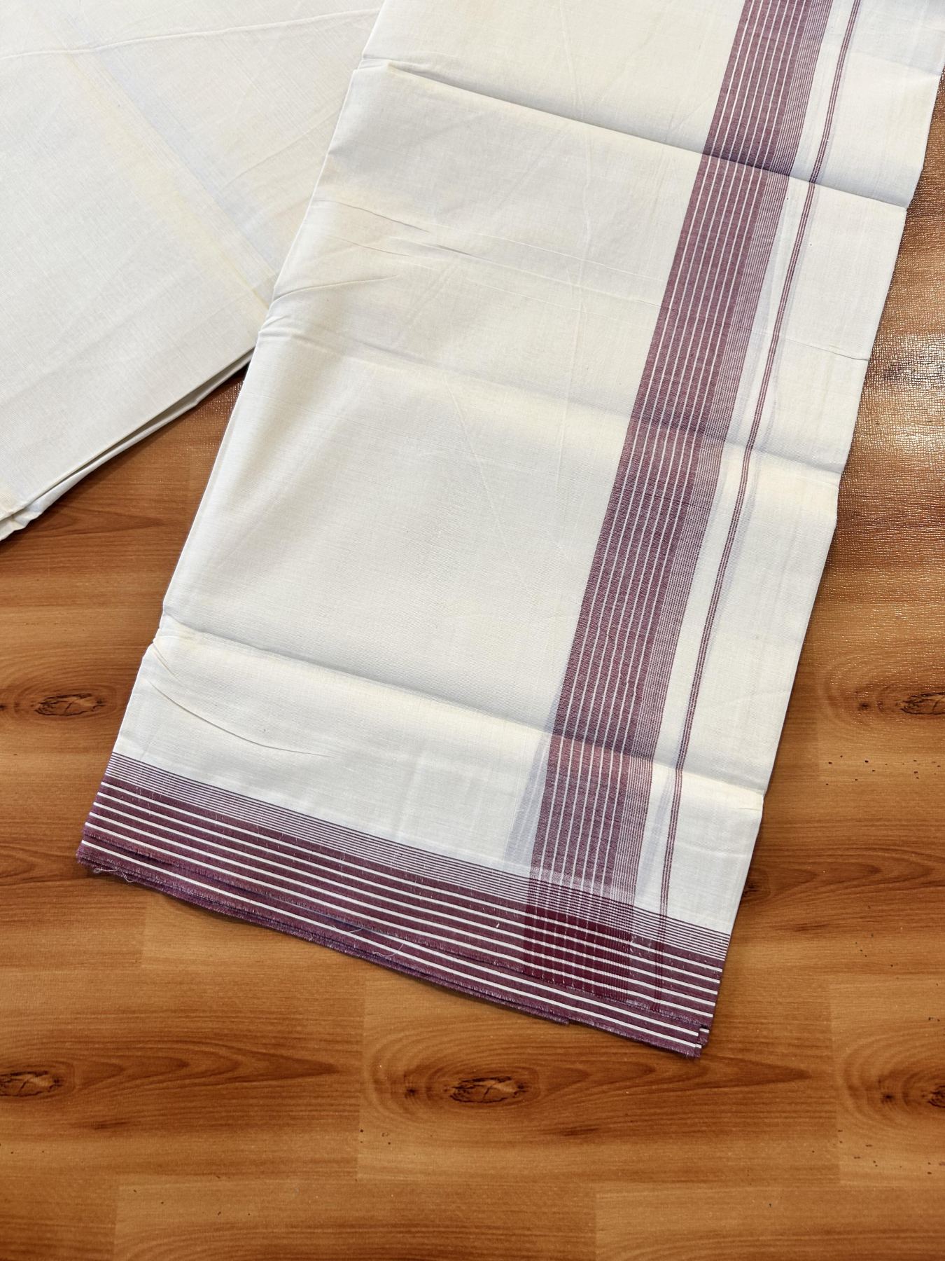 Double Off White (Unbleached) Mundu/Dhoti - 20% Discount! KaithariKada 100% Cotton - 100X80 - 1.5 inch Wine Red Stripes Kara 4 mtr (8.5 Muzham) - 28 KK5451 THI