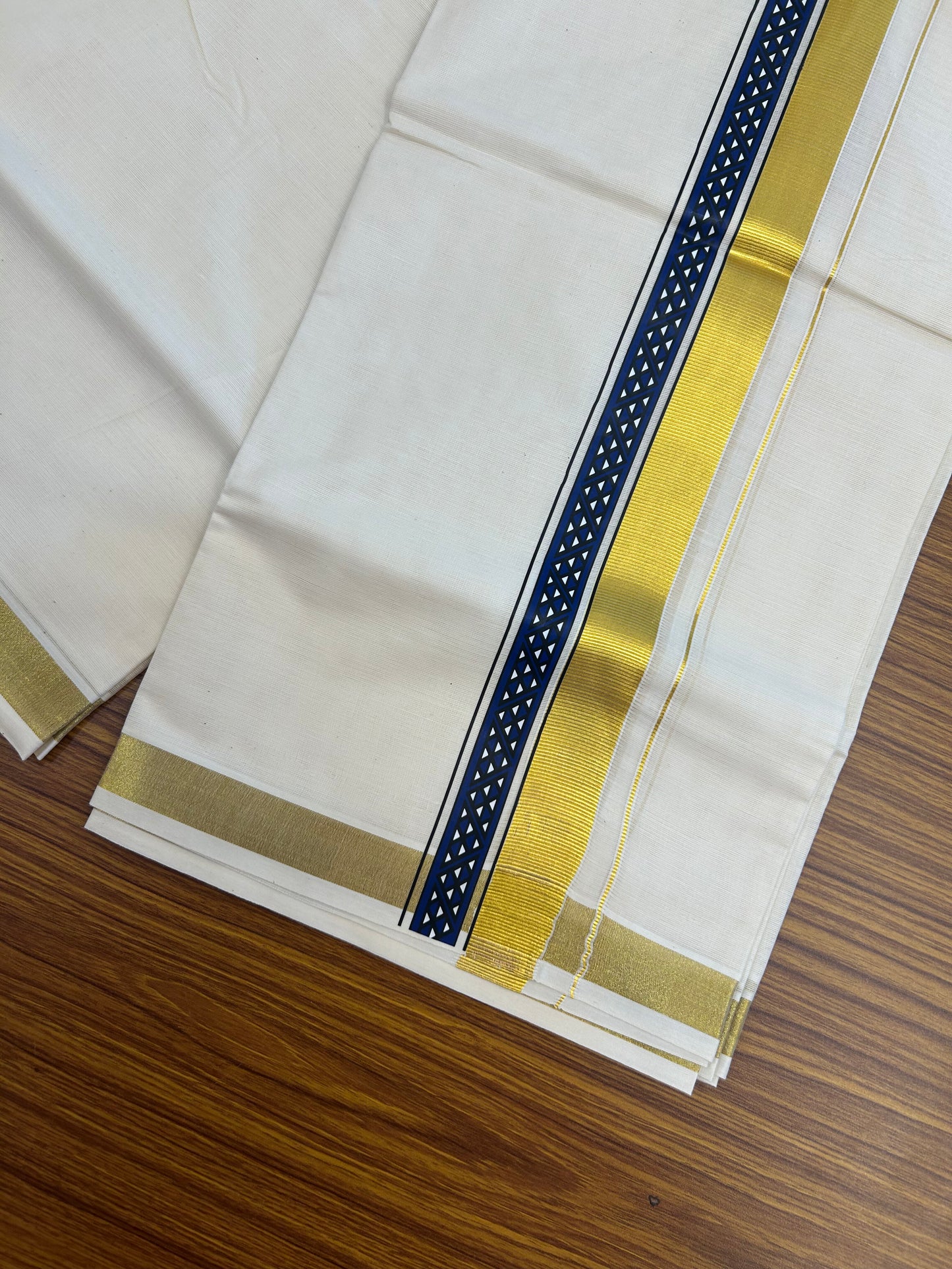 20% Discount!! KaithariKada Balaramapuram 100% Cotton Double Off White - (Unbleached) Mundu/Dhoti (60s) - 2 inch Gold Kasav Dark Blue & Black Triangle Printed Design Kara - 56 KK5362 GAN