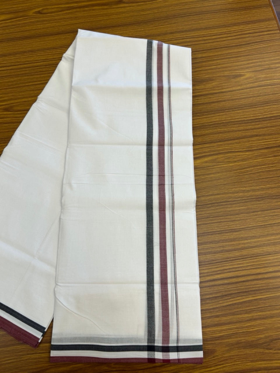 Admk Veshti - 20% Discount! KaithariKada 100% Cotton Pure white Double - (Unbleached) Mundu/Dhoti - 100X100 - 1.5 inch Black White & Maroon Shaded kara - 47 KK5297 ASH