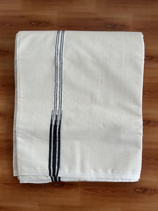 Double Off white Mundu/Dhoti - 20% Discount! KaithariKada Balaramapuram - 100% Cotton 100x100 - 0.75 inch Silver Kasav & Black Double Chutty Kara 4 mtr (8.5 muzham) - 15 KK5407 ASH