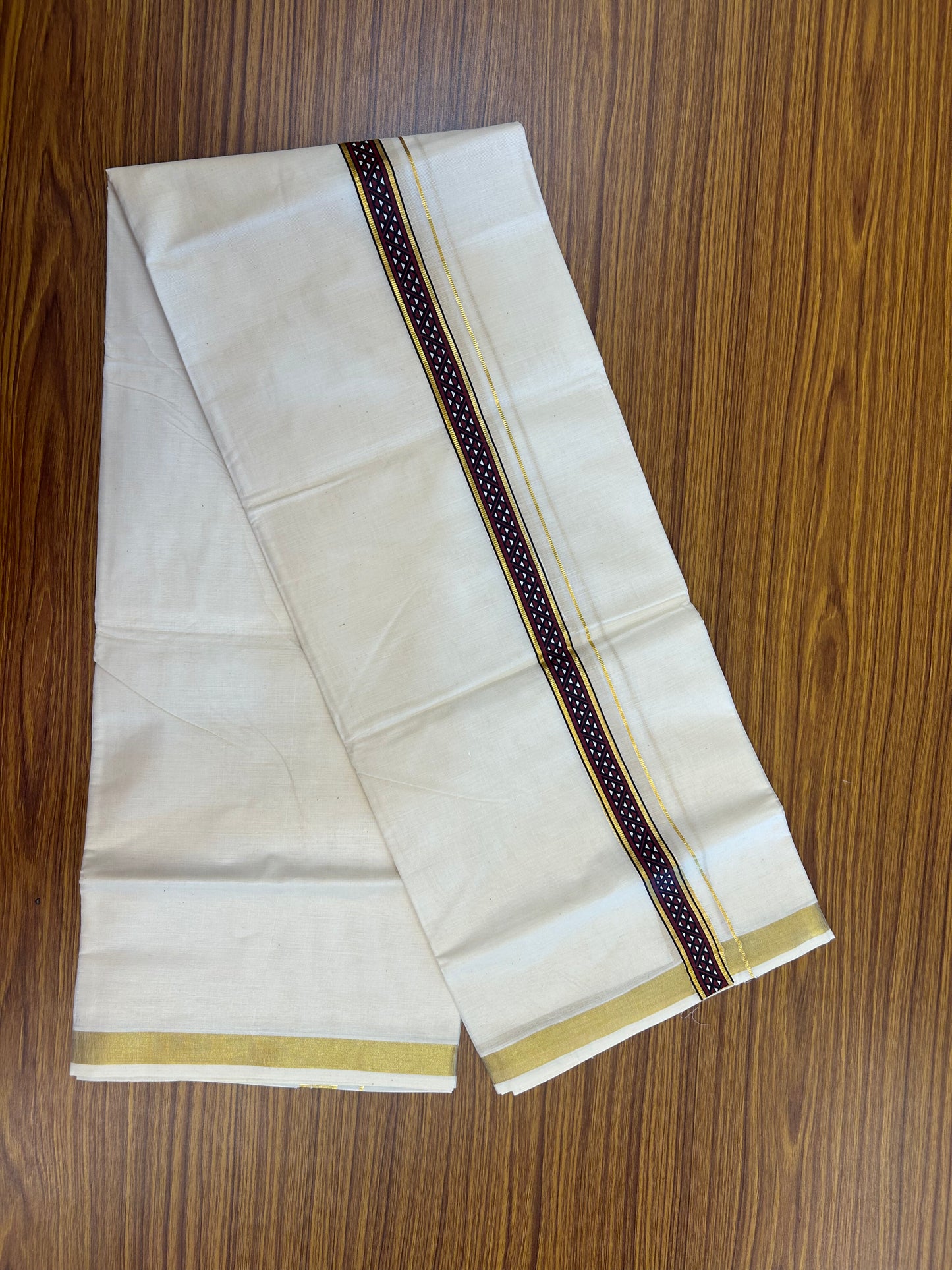 20% Discount!! KaithariKada Balaramapuram 100% Cotton Double Off White - (Unbleached) Mundu/Dhoti (60s) - 1 inch Gold Kasav Dark Maroon & Black Triangle Printed Design Kara - 59 KK5362 GAN