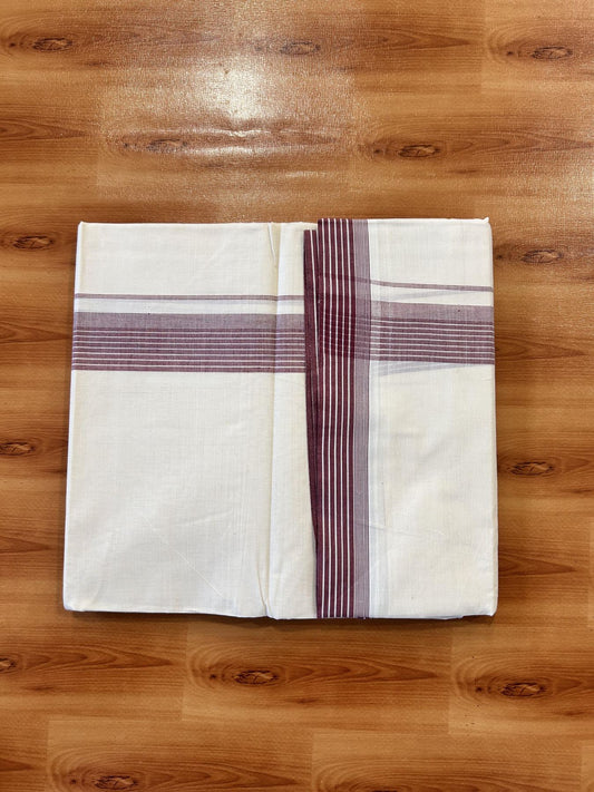 Double Off White (Unbleached) Mundu/Dhoti - 20% Discount! KaithariKada 100% Cotton - 100X80 - 1.5 inch Wine Red Stripes Kara 4 mtr (8.5 Muzham) - 28 KK5451 THI