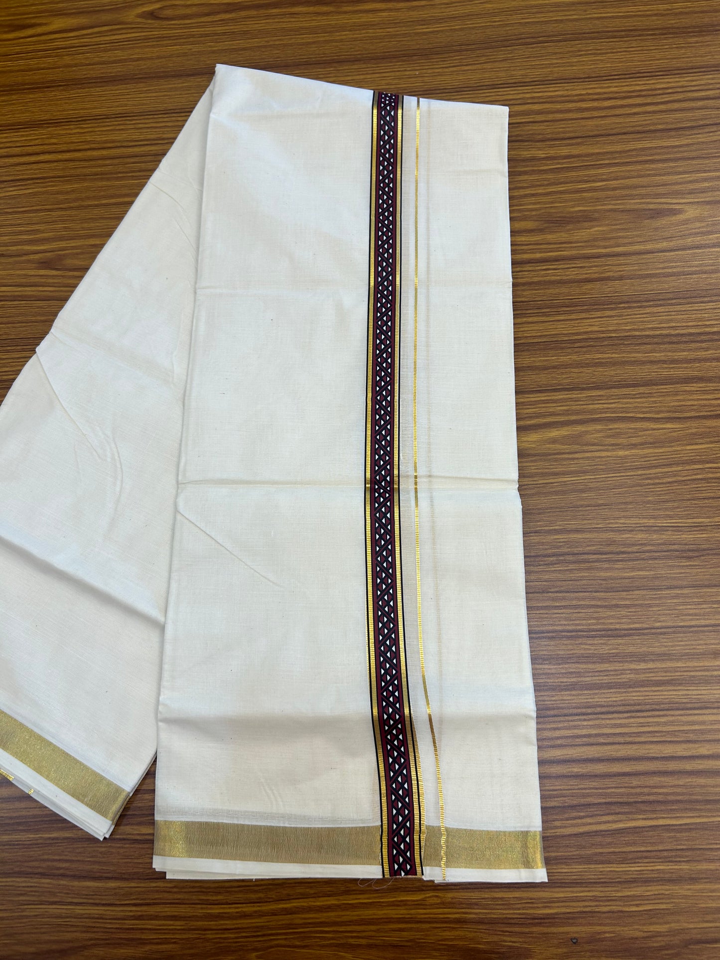 20% Discount!! KaithariKada Balaramapuram 100% Cotton Double Off White - (Unbleached) Mundu/Dhoti (60s) - 1 inch Gold Kasav Dark Maroon & Black Triangle Printed Design Kara - 59 KK5362 GAN