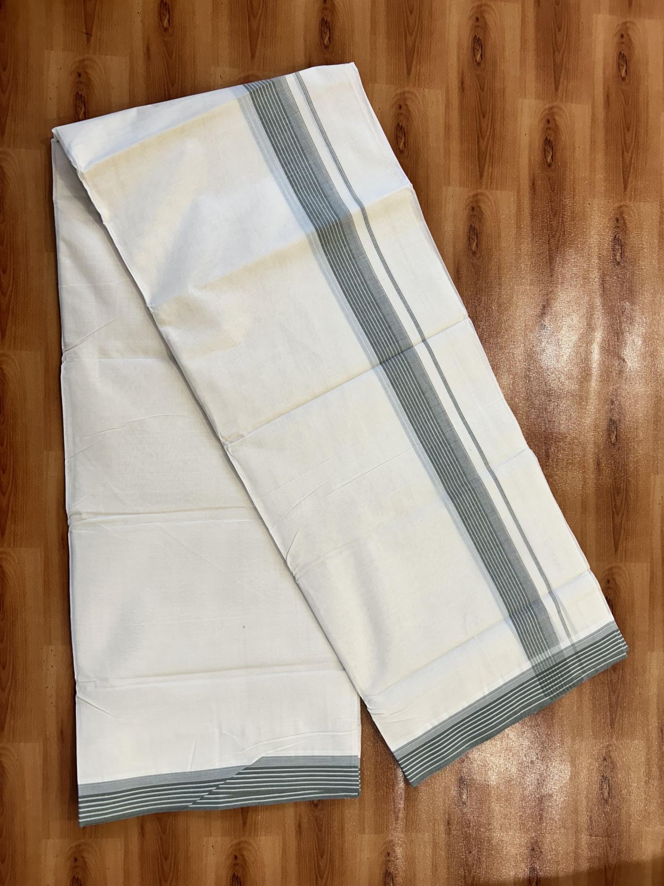 Double Off White (Unbleached) Mundu/Dhoti - 20% Discount! KaithariKada 100% Cotton - 100X80 - 1.5 inch Sage Green Stripes Kara 4 mtr (8.5 Muzham) - 31 KK5451 THI