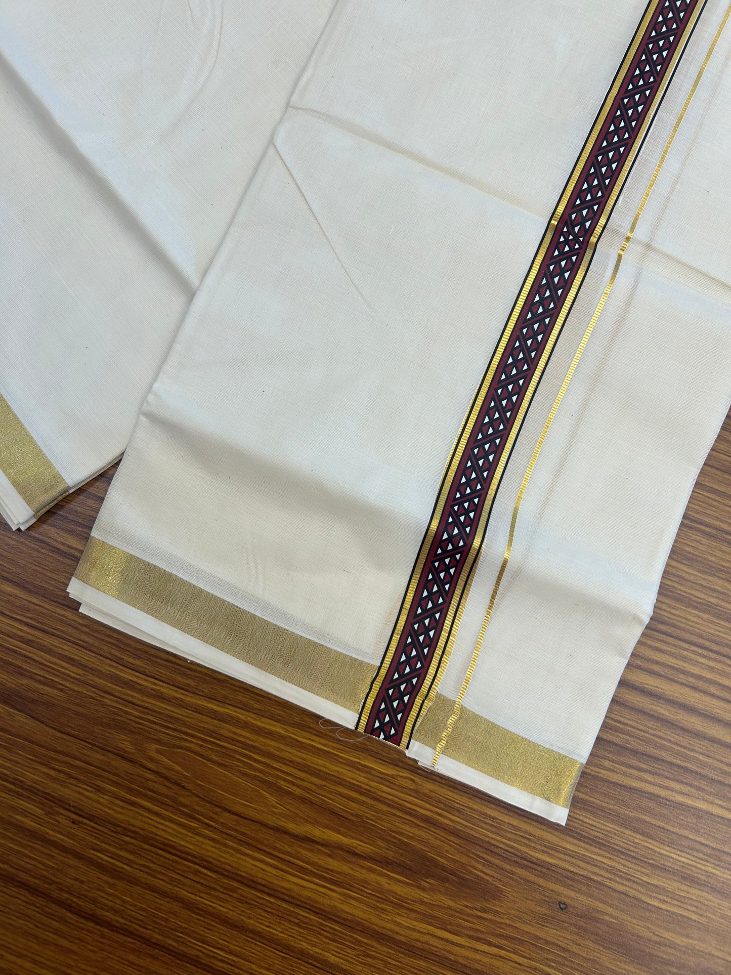 20% Discount!! KaithariKada Balaramapuram 100% Cotton Double Off White - (Unbleached) Mundu/Dhoti (60s) - 1 inch Gold Kasav Dark Maroon & Black Triangle Printed Design Kara - 59 KK5362 GAN