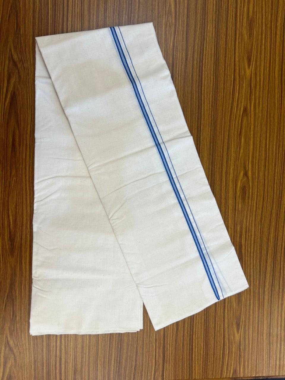 25% Discount!! Signature Kaitharikada Exclusive Single Dhoti - 100% Cotton Balaramapuram Handloom Single Mundu/Dhoti - Off White (Unbleached)- 1 cm Blue Striped Kara (2 meter / 4 muzham) - 1 KK5304KAI