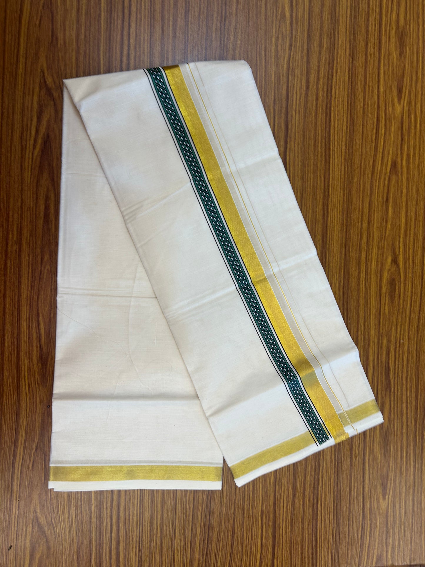 20% Discount!! KaithariKada Balaramapuram 100% Cotton Double Off White - (Unbleached) Mundu/Dhoti (60s) - 1.75 inch Gold Kasav Green & Black Triangle Printed Design Kara - 55 KK5362 GAN
