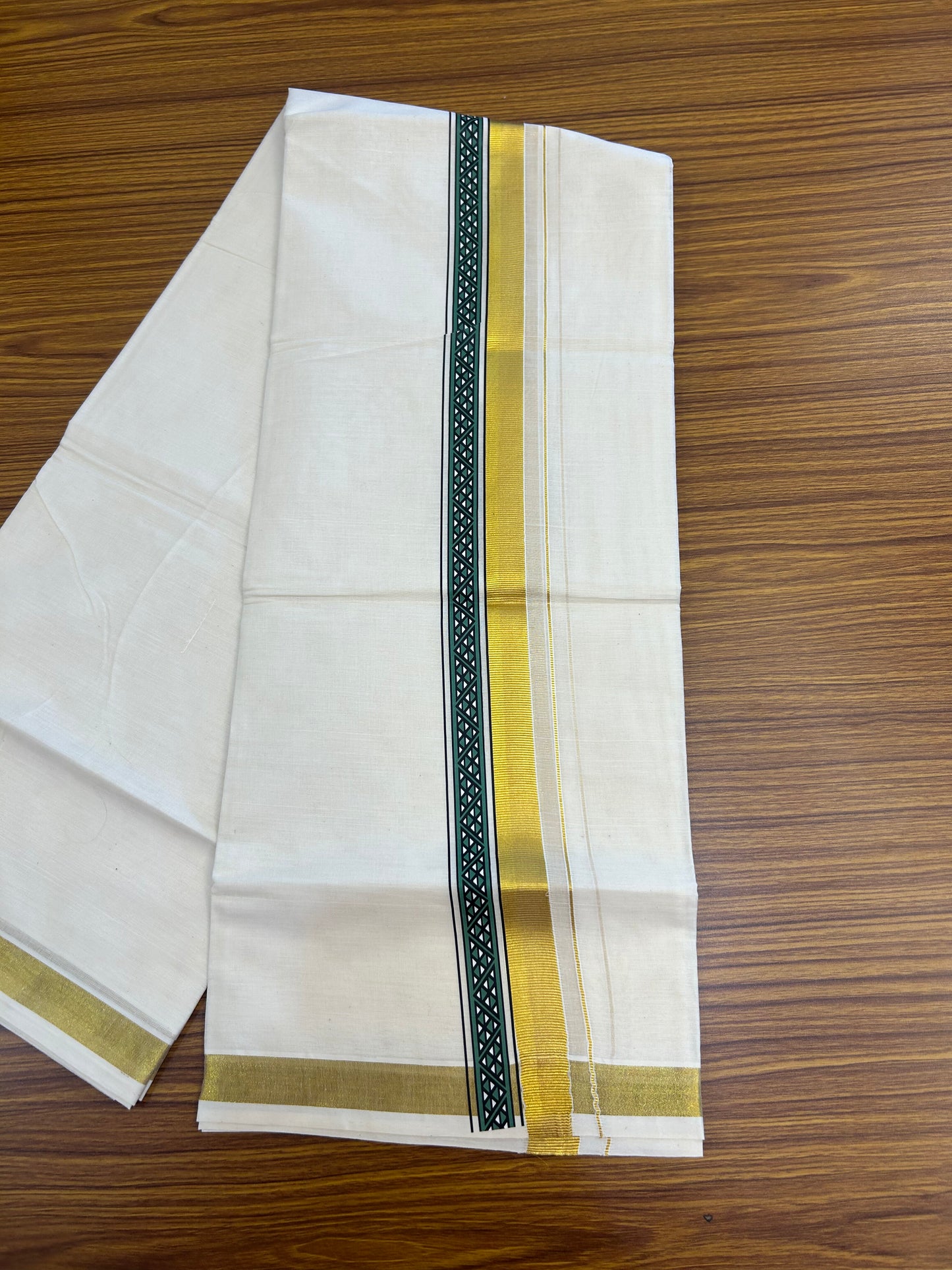 20% Discount!! KaithariKada Balaramapuram 100% Cotton Double Off White - (Unbleached) Mundu/Dhoti (60s) - 1.75 inch Gold Kasav Green & Black Triangle Printed Design Kara - 55 KK5362 GAN