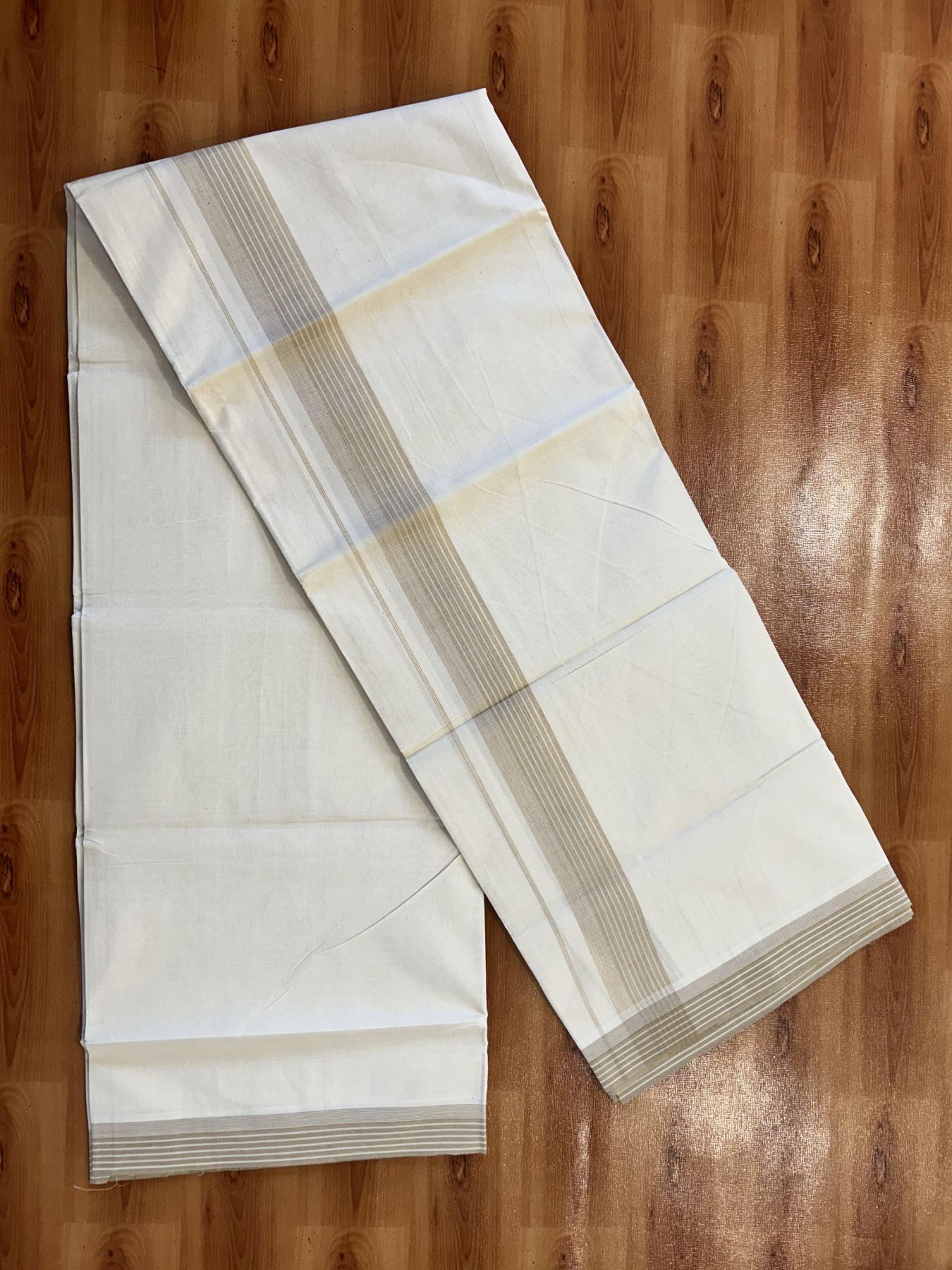 Double Off White (Unbleached) Mundu/Dhoti - 20% Discount! KaithariKada 100% Cotton - 100X80 - 1.5 inch Sandalwood Brown Stripes Kara 4 mtr (8.5 Muzham) - 27 KK5451 THI