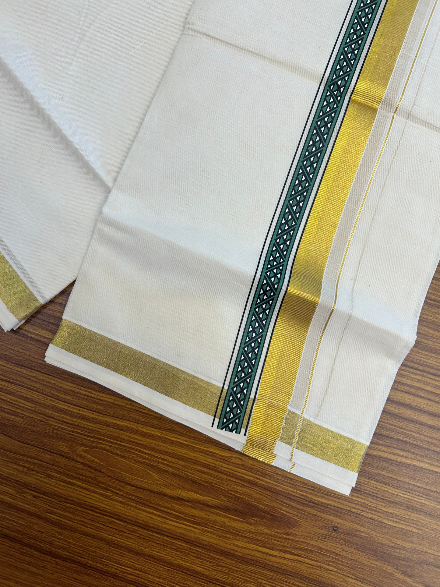 20% Discount!! KaithariKada Balaramapuram 100% Cotton Double Off White - (Unbleached) Mundu/Dhoti (60s) - 1.75 inch Gold Kasav Green & Black Triangle Printed Design Kara - 55 KK5362 GAN