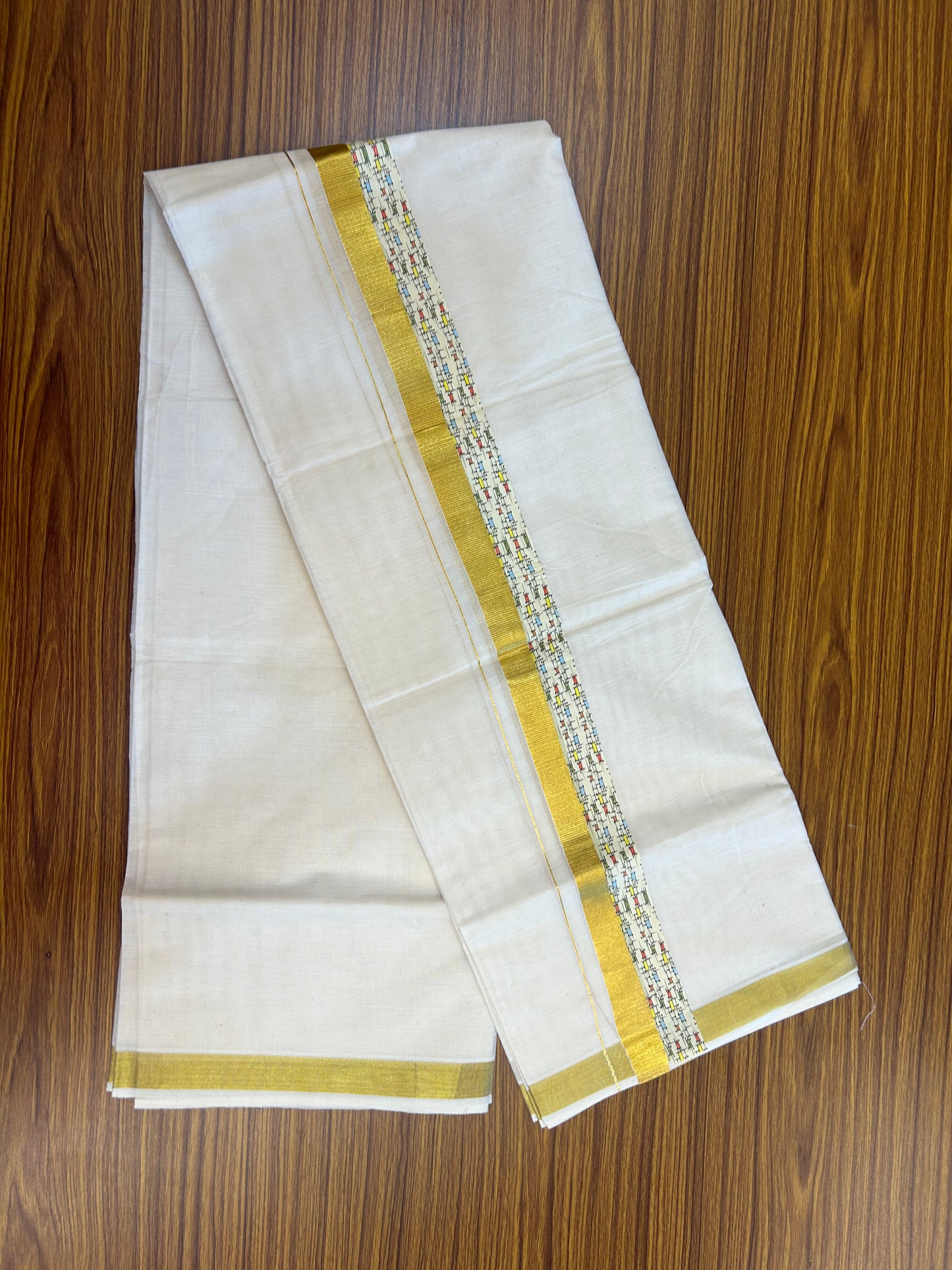 20% Discount!! KaithariKada Balaramapuram 100% Cotton Double Off White - (Unbleached) Mundu/Dhoti - 60s - 2 inch Gold Kasav & Printed Design Kara - 35 KK5362 GAN
