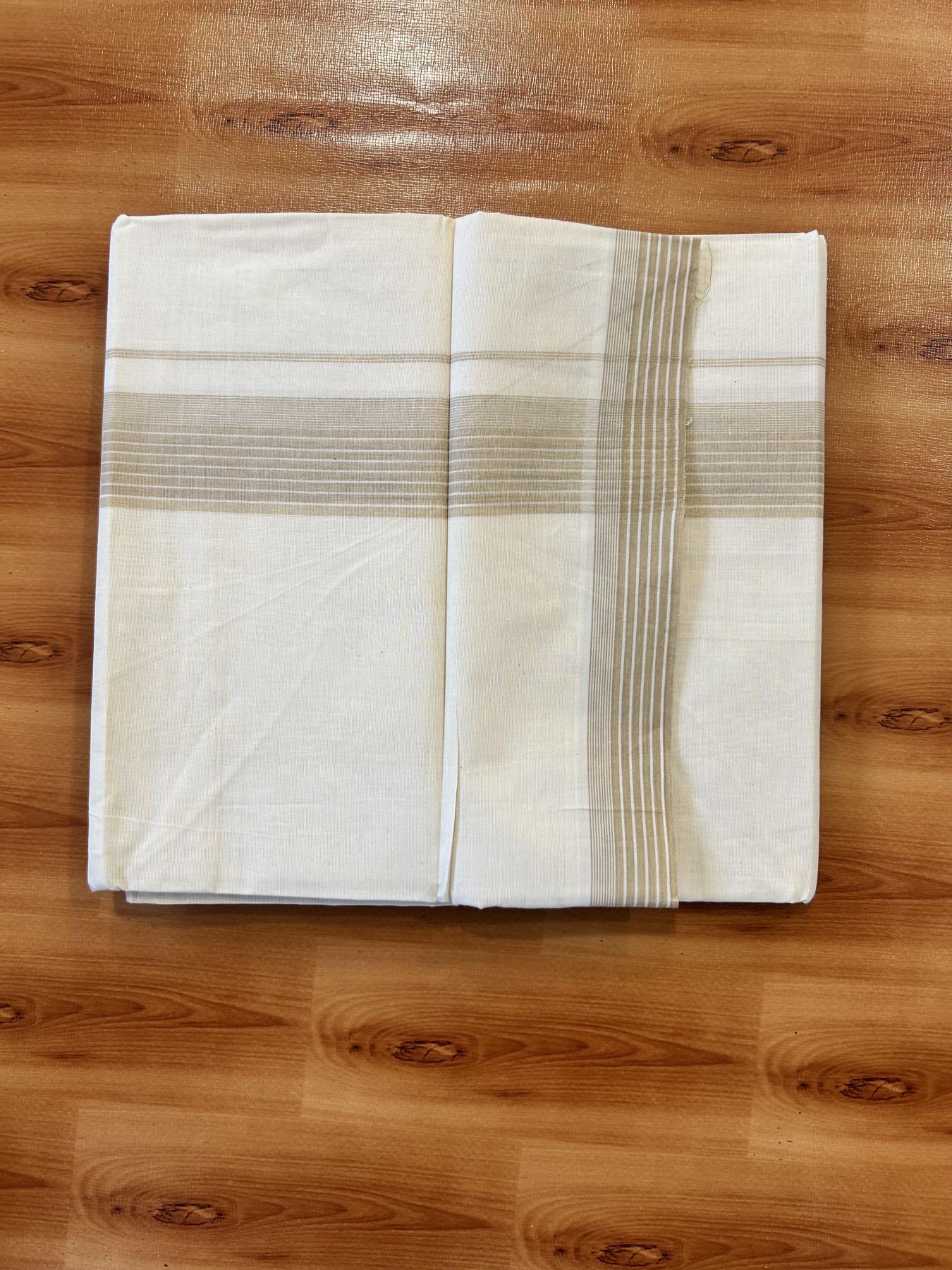 Double Off White (Unbleached) Mundu/Dhoti - 20% Discount! KaithariKada 100% Cotton - 100X80 - 1.5 inch Sandalwood Brown Stripes Kara 4 mtr (8.5 Muzham) - 27 KK5451 THI