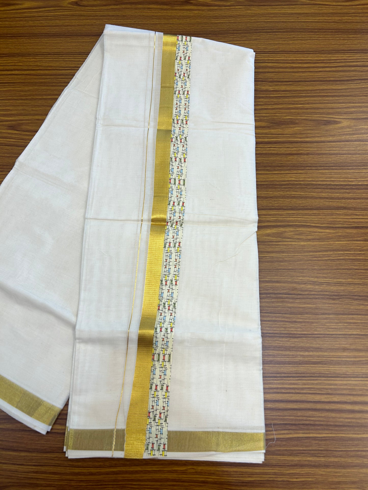 20% Discount!! KaithariKada Balaramapuram 100% Cotton Double Off White - (Unbleached) Mundu/Dhoti - 60s - 2 inch Gold Kasav & Printed Design Kara - 35 KK5362 GAN