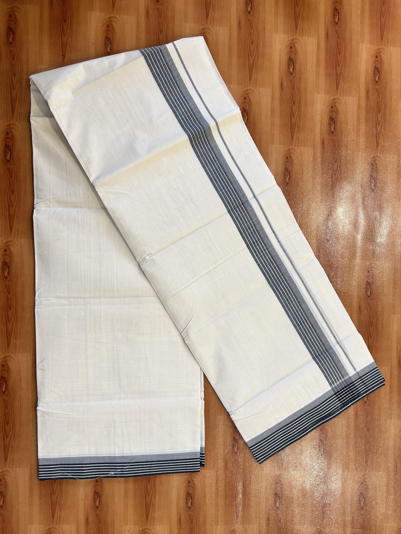 Double Off White (Unbleached) Mundu/Dhoti - 20% Discount! KaithariKada 100% Cotton - 100X80 - 1.5 inch Black Stripes Kara 4 mtr (8.5 Muzham) - 33 KK5451 THI