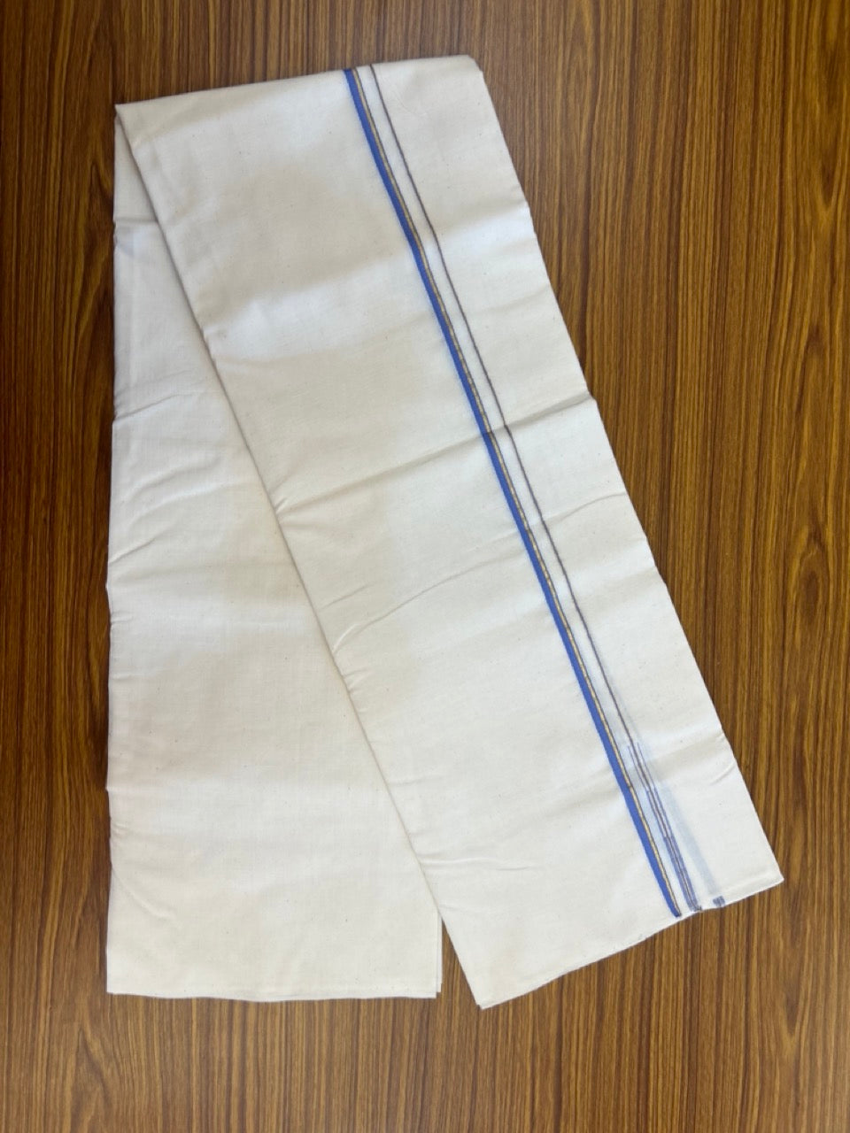25% Discount!! Signature Kaitharikada Exclusive Single Dhoti - 100% Cotton Balaramapuram Handloom Single Mundu/Dhoti - Off White (Unbleached)- 1 cm Puliyilakkara Lavender & Kasav Chutty Kara (2 meter / 4 muzham) - 3 KK5304KAI
